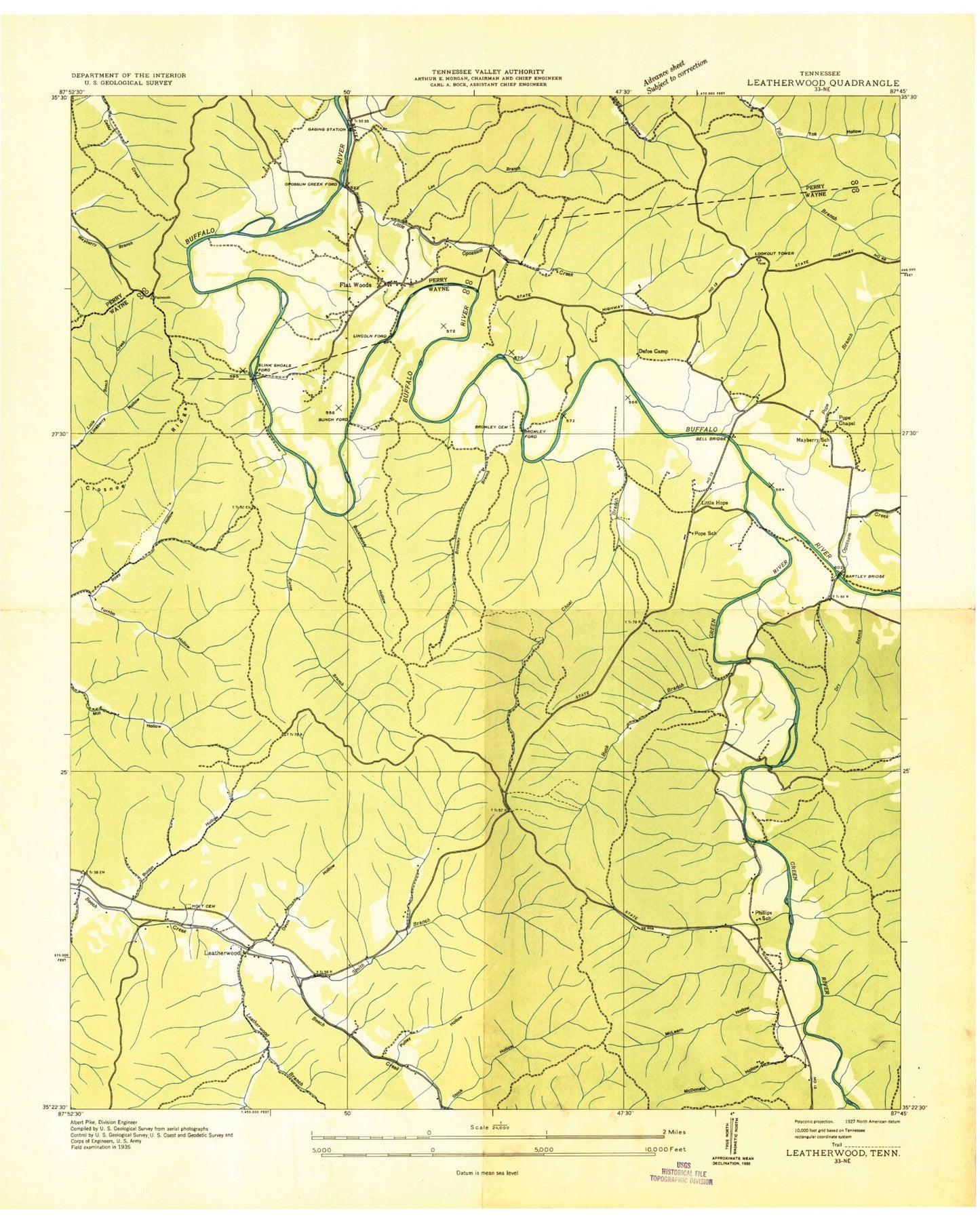 Classic USGS Leatherwood Tennessee 7.5'x7.5' Topo Map Image