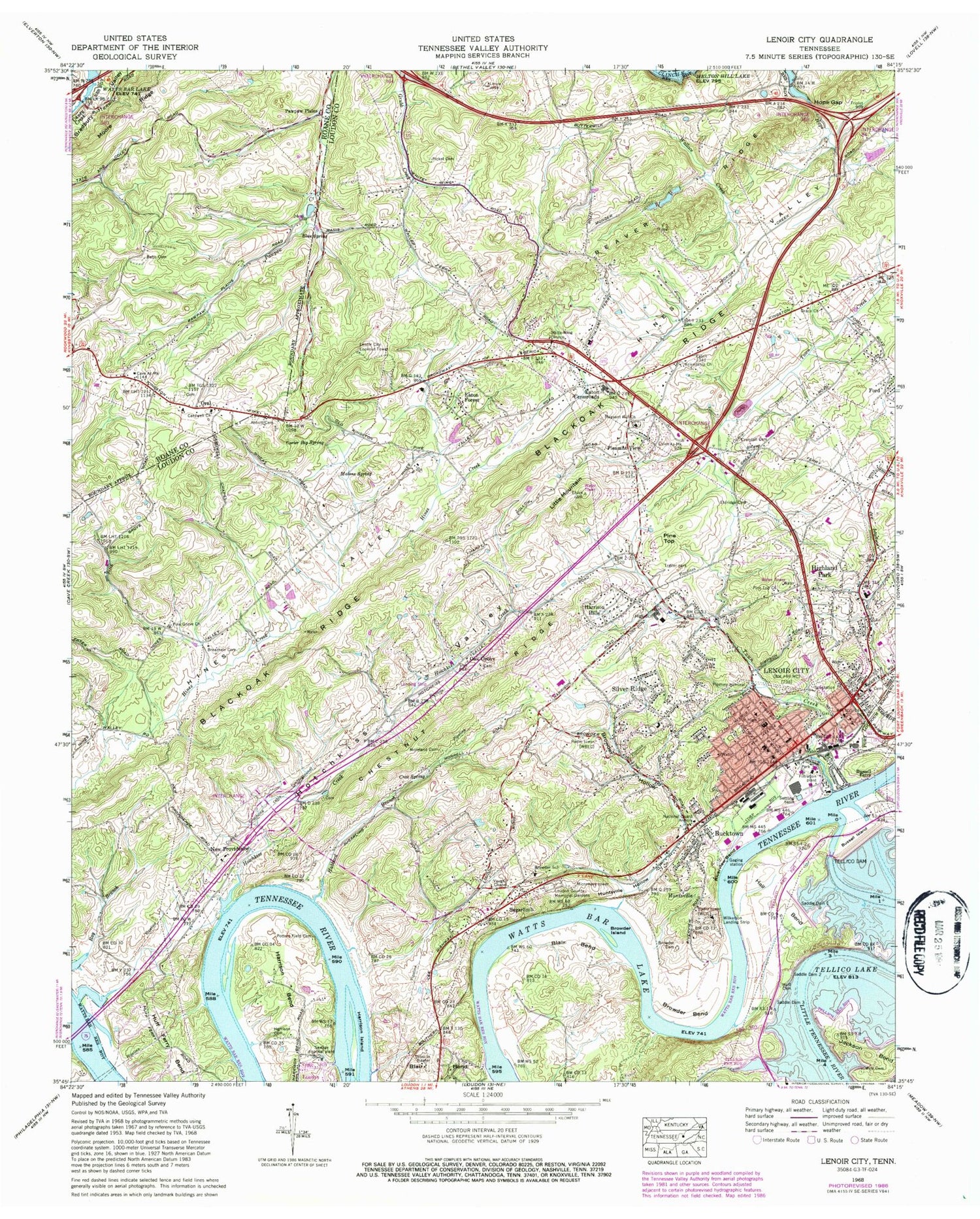 Classic USGS Lenoir City Tennessee 7.5'x7.5' Topo Map Image