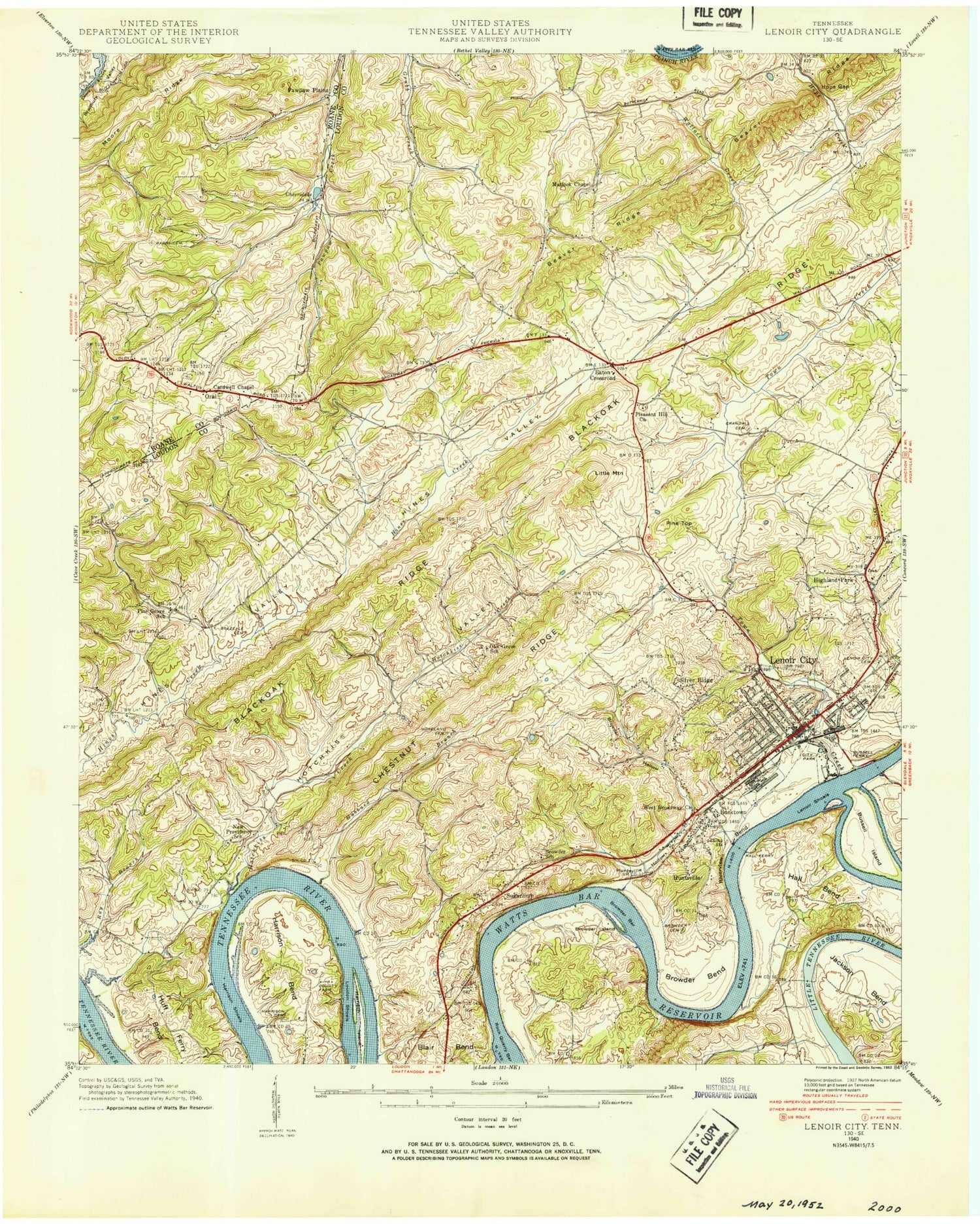 Classic USGS Lenoir City Tennessee 7.5'x7.5' Topo Map Image