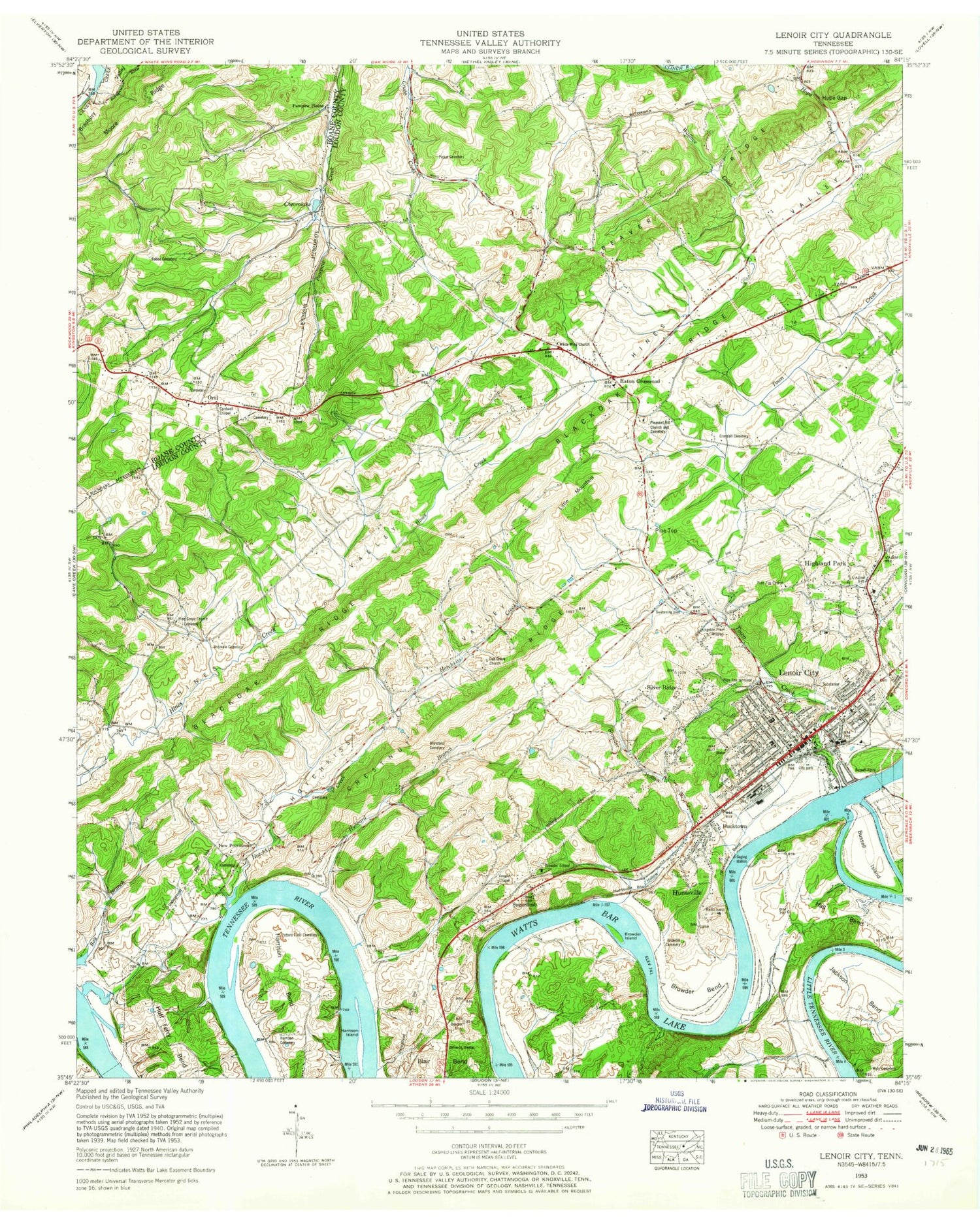 Classic USGS Lenoir City Tennessee 7.5'x7.5' Topo Map Image