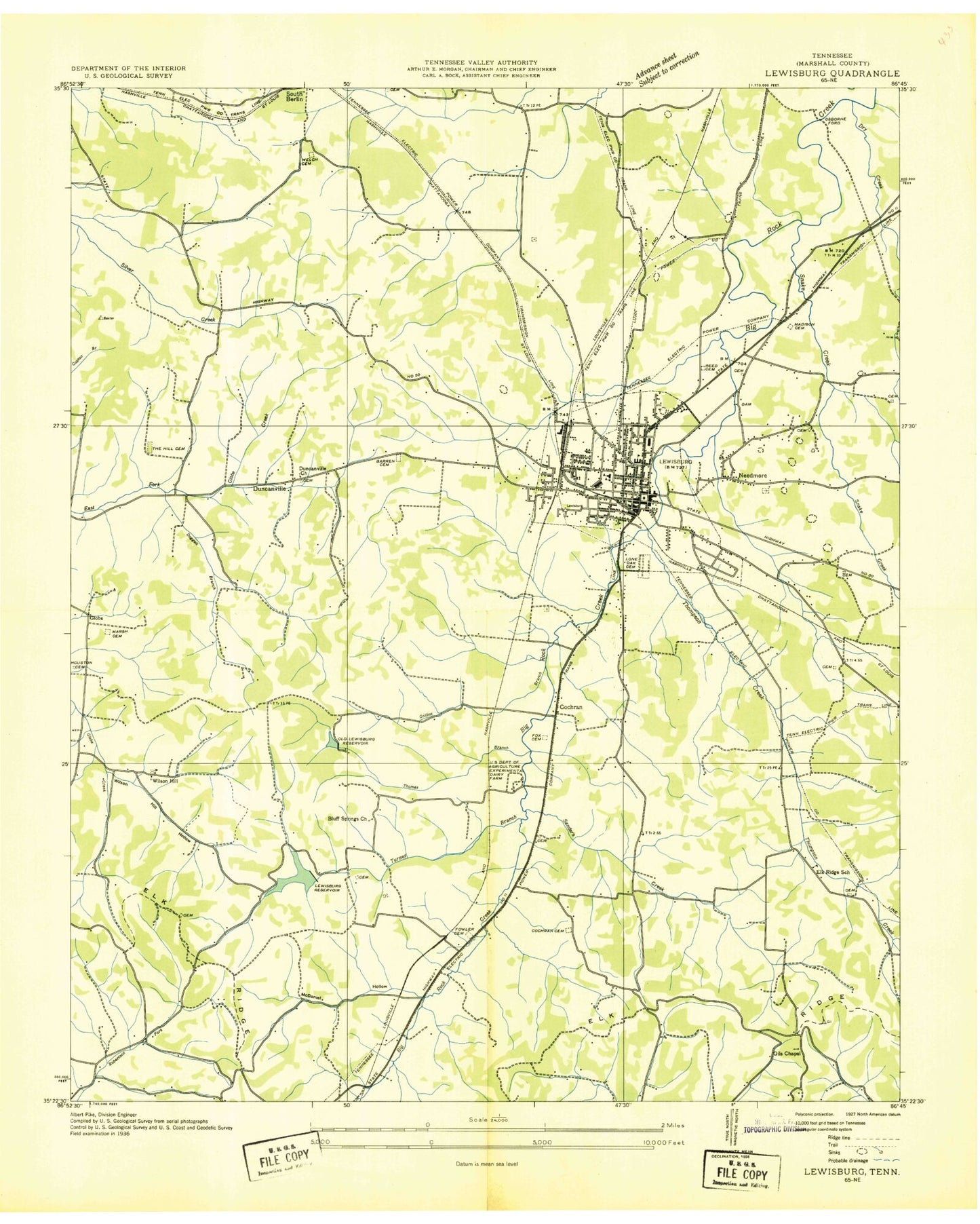 Classic USGS Lewisburg Tennessee 7.5'x7.5' Topo Map Image