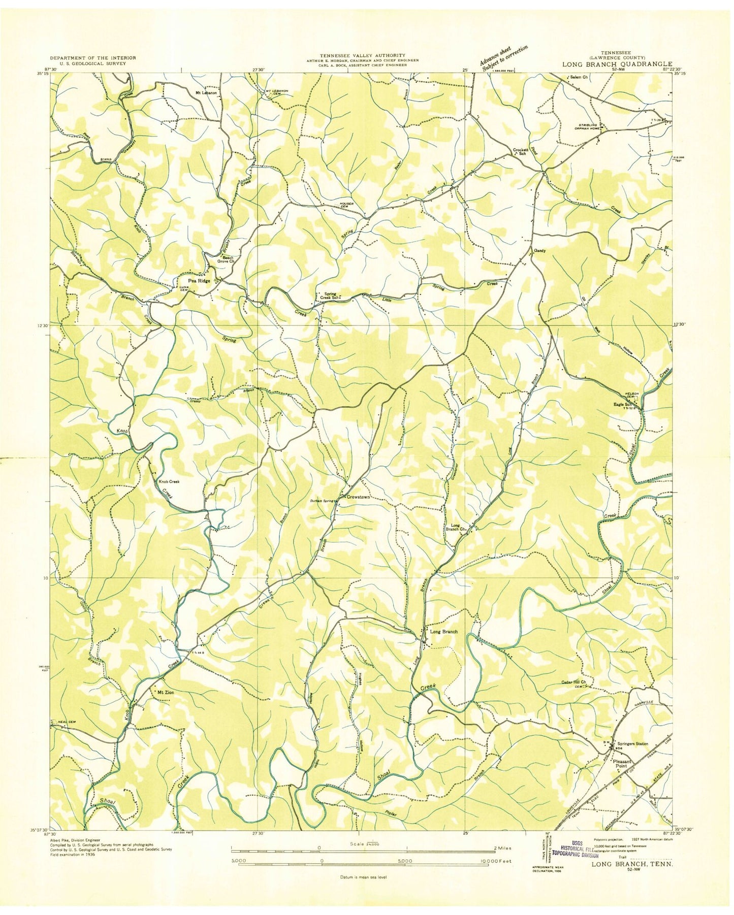 Classic USGS Long Branch Tennessee 7.5'x7.5' Topo Map Image