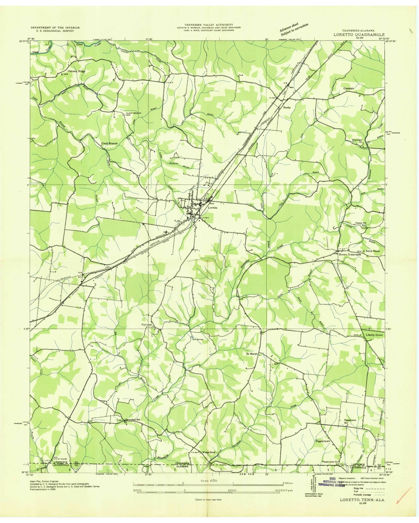 Classic USGS Loretto Tennessee 7.5'x7.5' Topo Map Image
