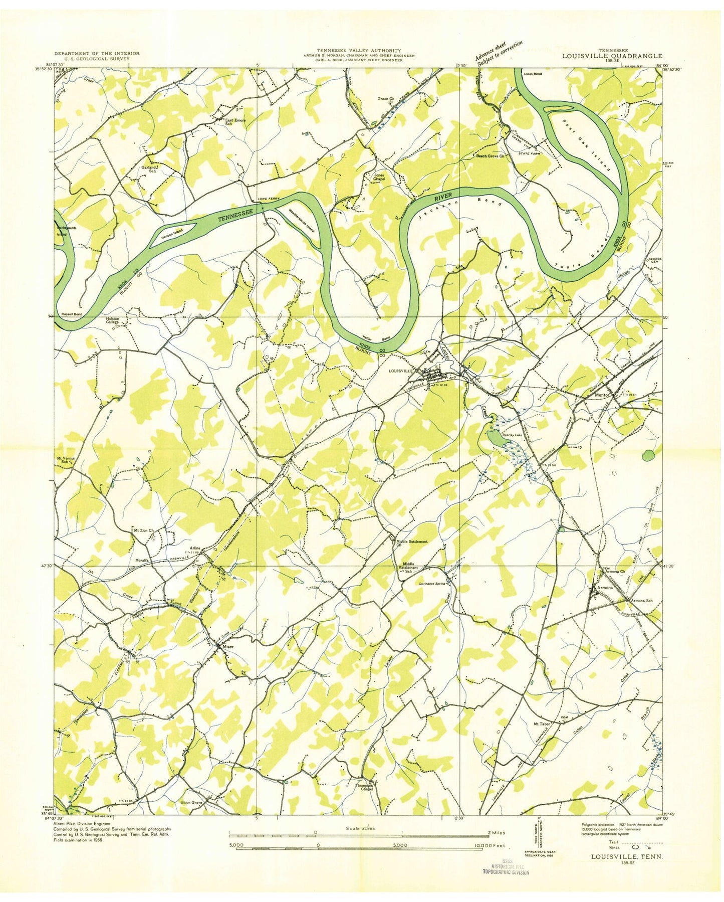 Classic USGS Louisville Tennessee 7.5'x7.5' Topo Map Image