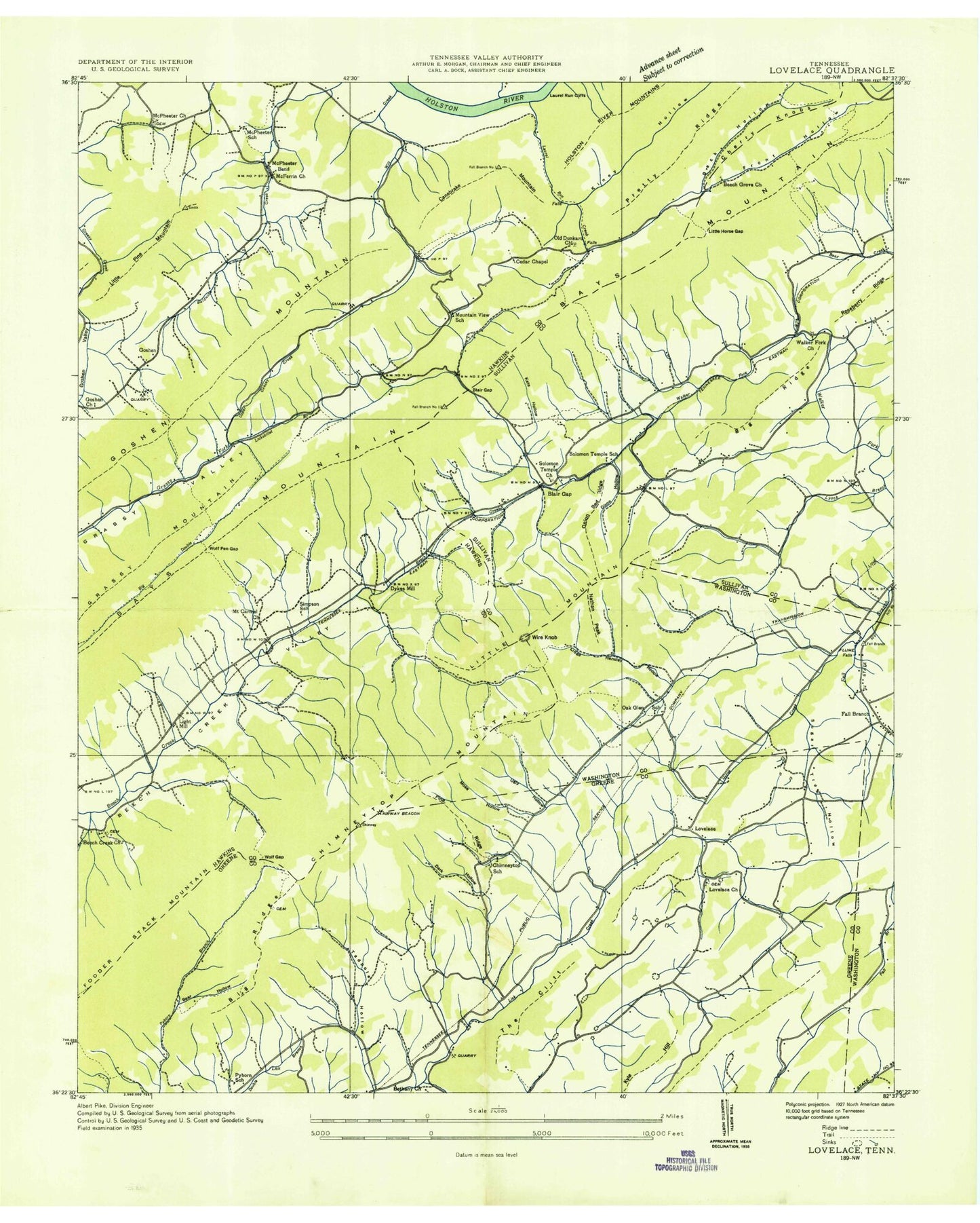Classic USGS Lovelace Tennessee 7.5'x7.5' Topo Map Image