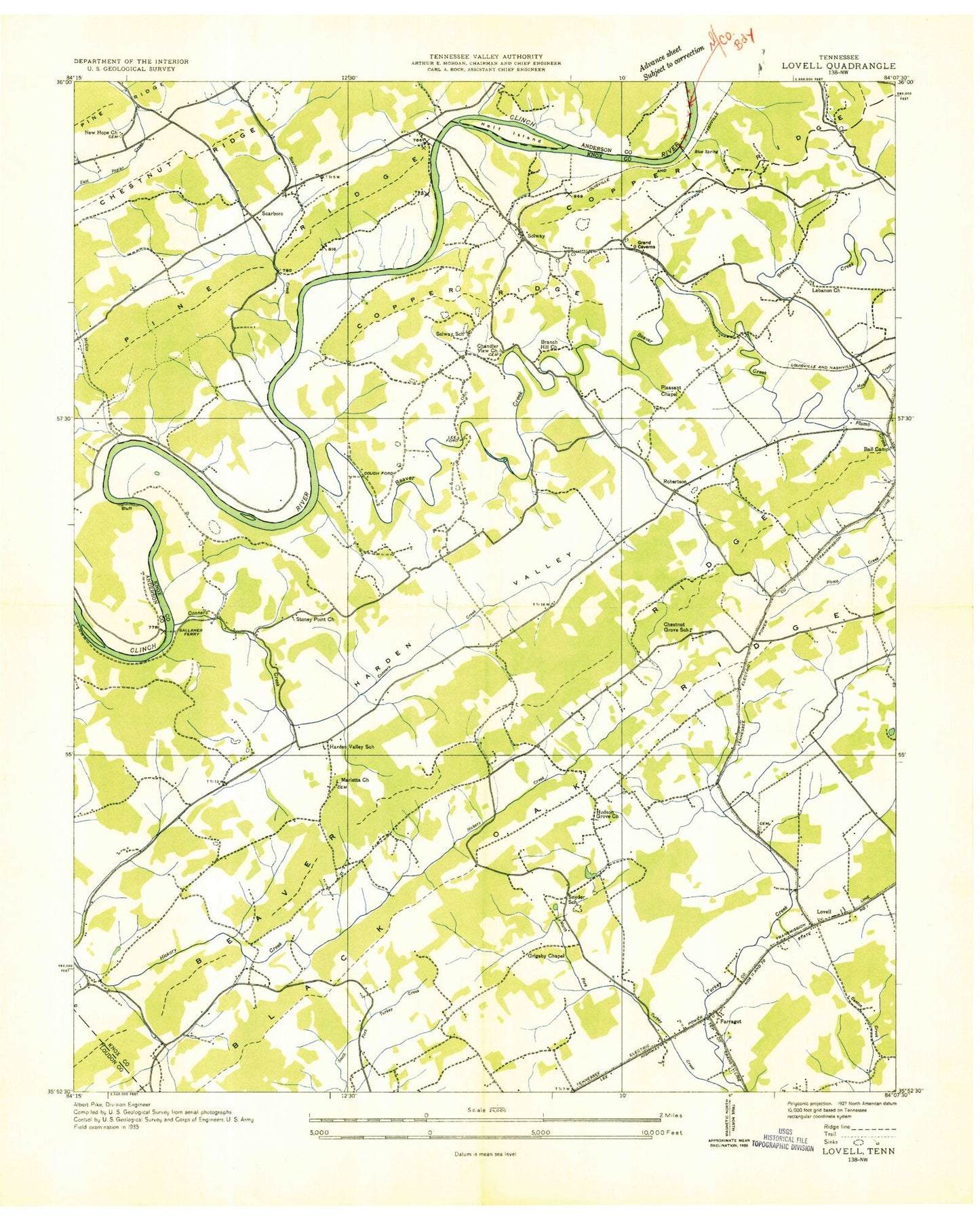 Classic USGS Lovell Tennessee 7.5'x7.5' Topo Map Image