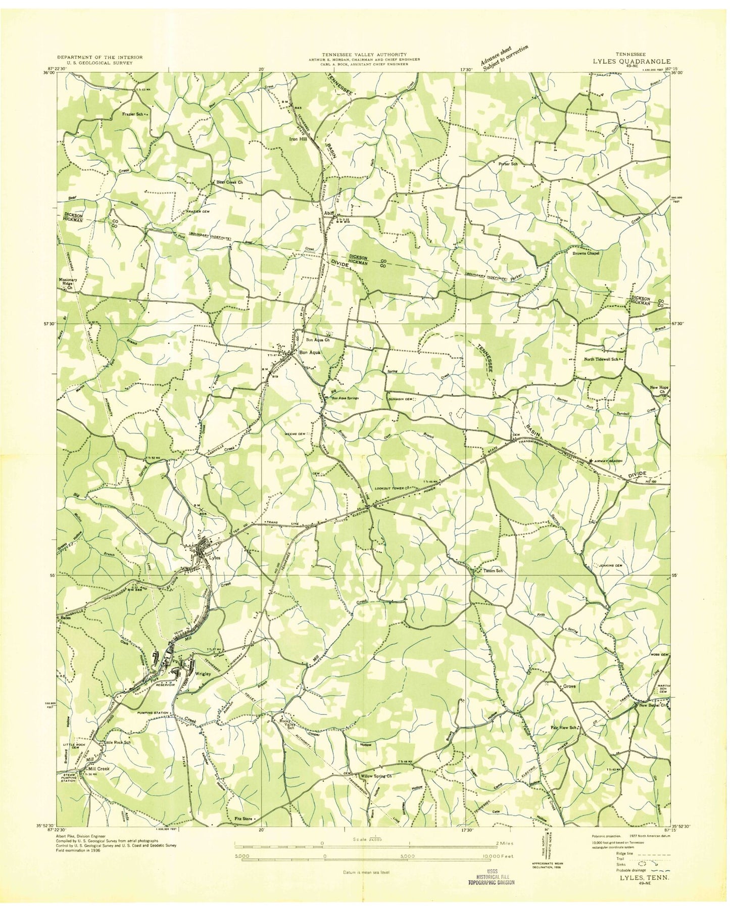 Classic USGS Lyles Tennessee 7.5'x7.5' Topo Map Image