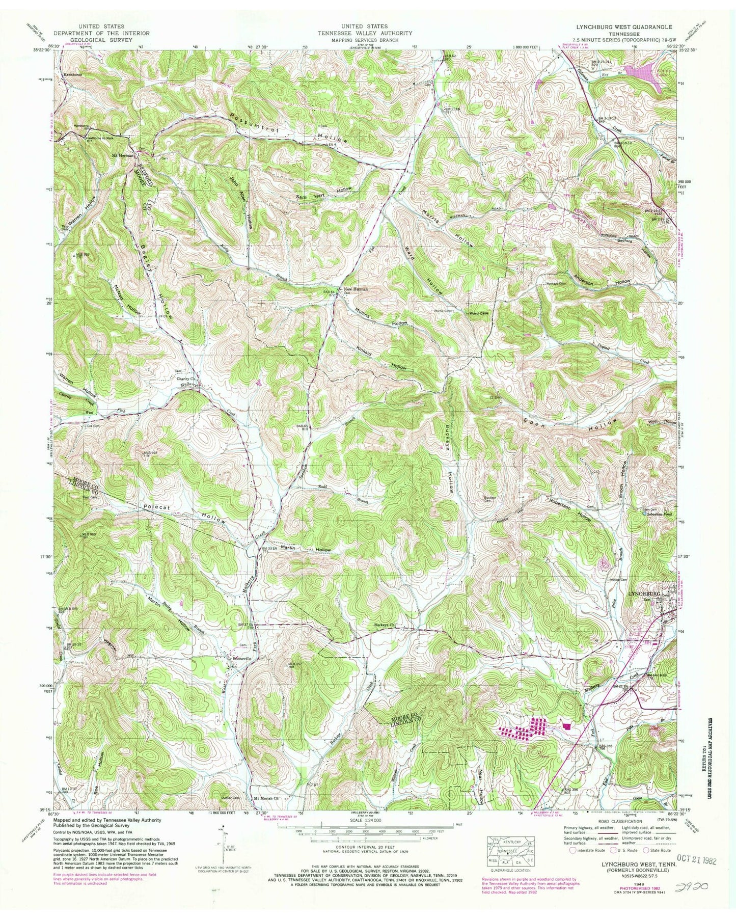 Classic USGS Lynchburg West Tennessee 7.5'x7.5' Topo Map Image