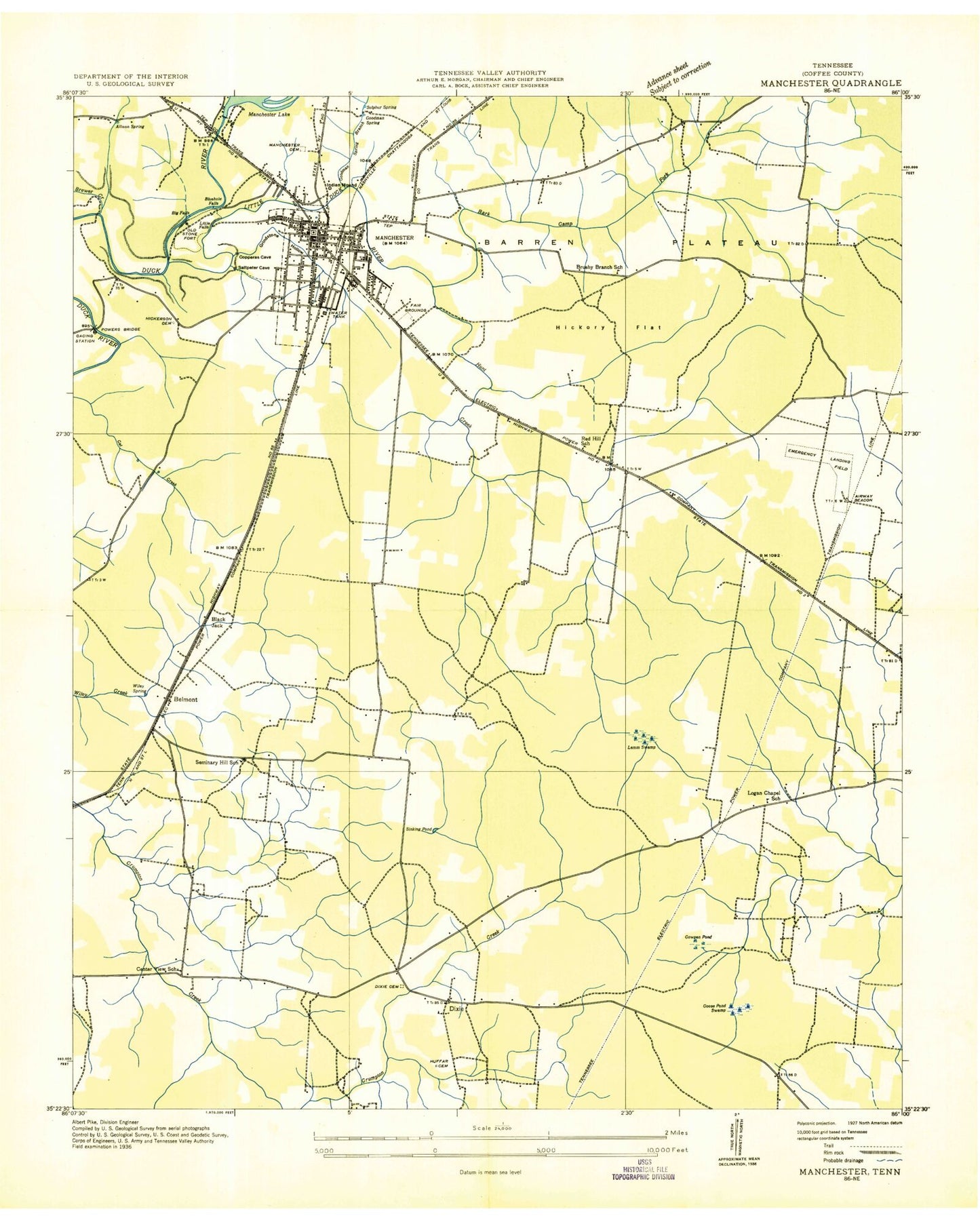 Classic USGS Manchester Tennessee 7.5'x7.5' Topo Map Image
