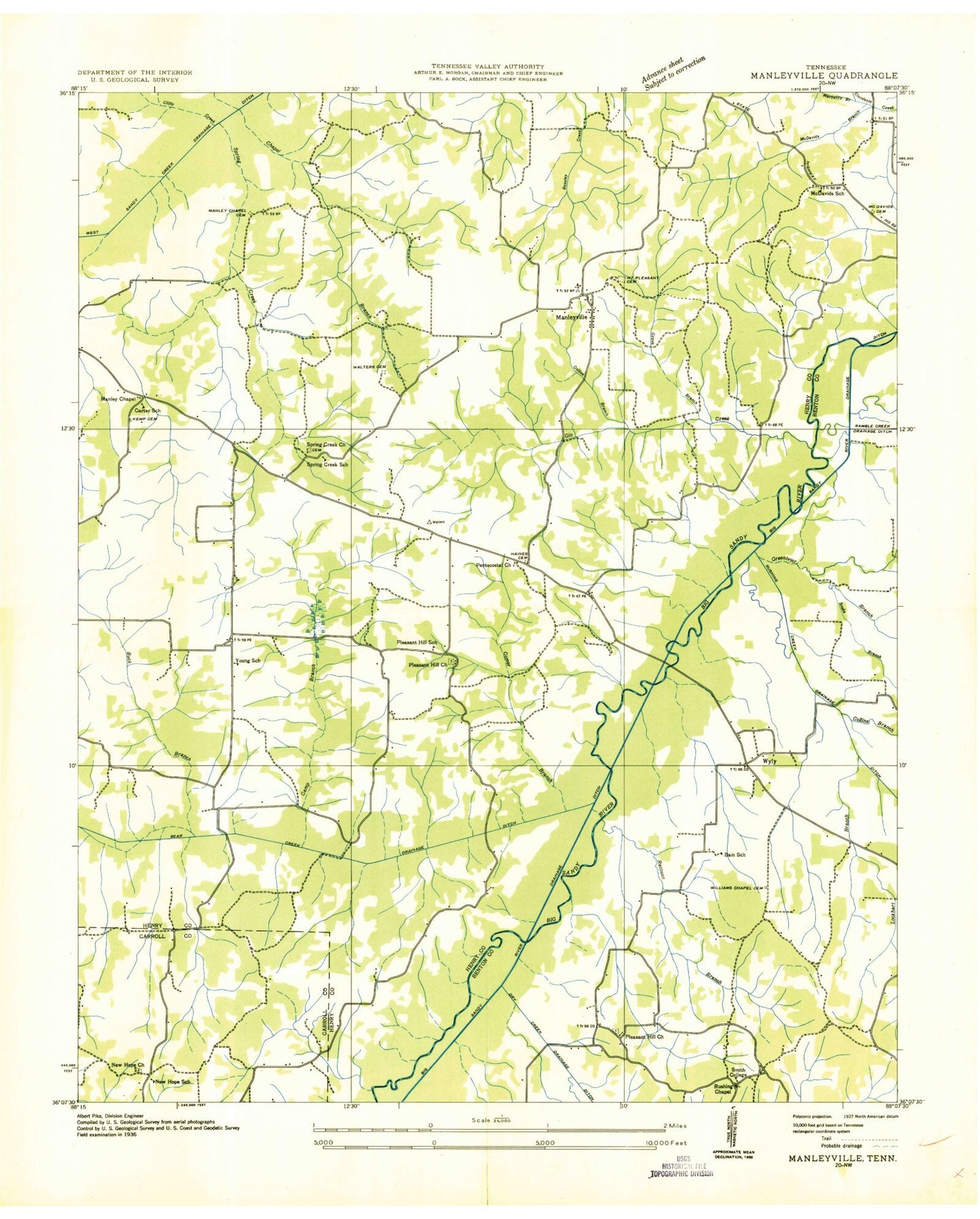 Classic USGS Manleyville Tennessee 7.5'x7.5' Topo Map Image
