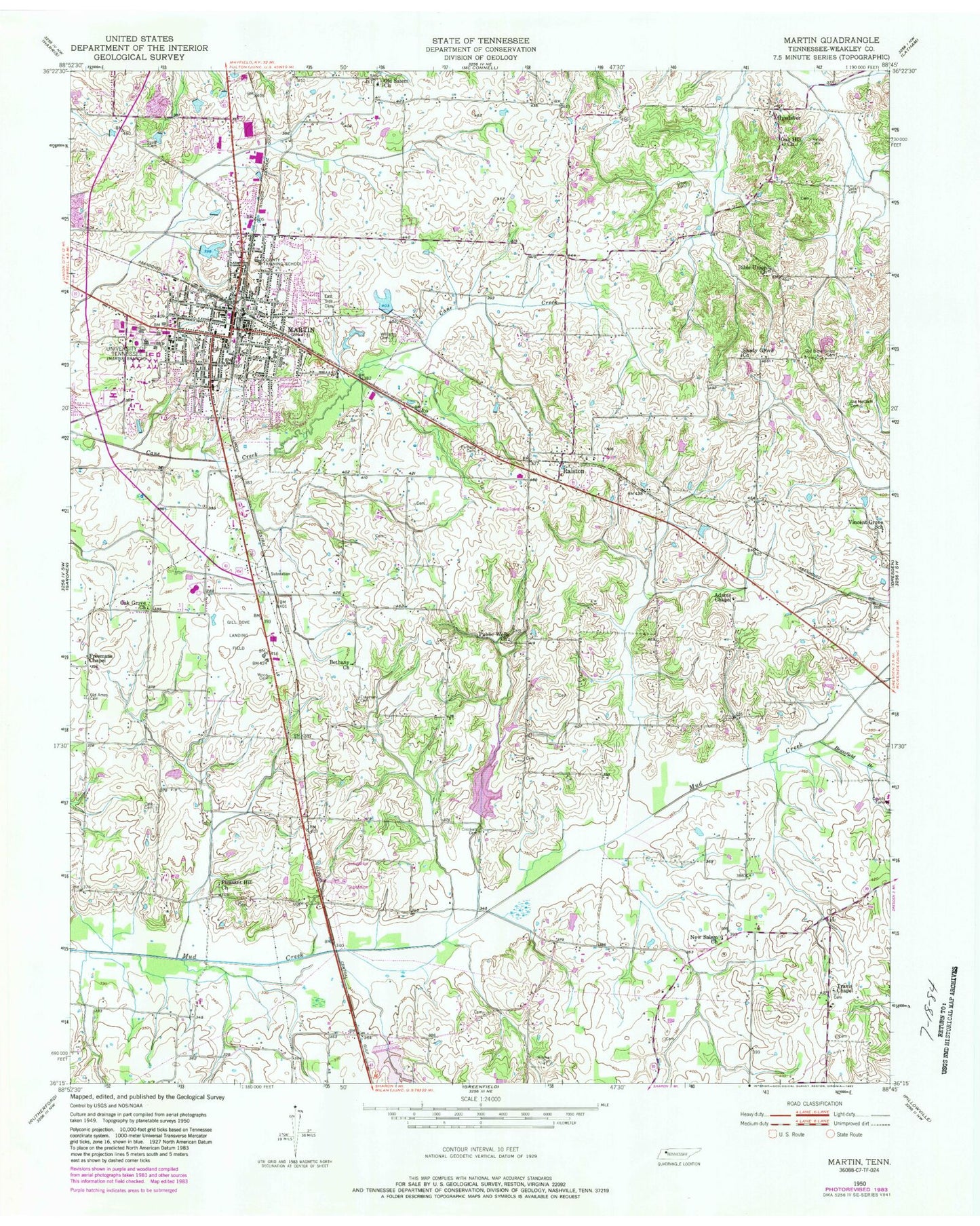 Classic USGS Martin Tennessee 7.5'x7.5' Topo Map Image
