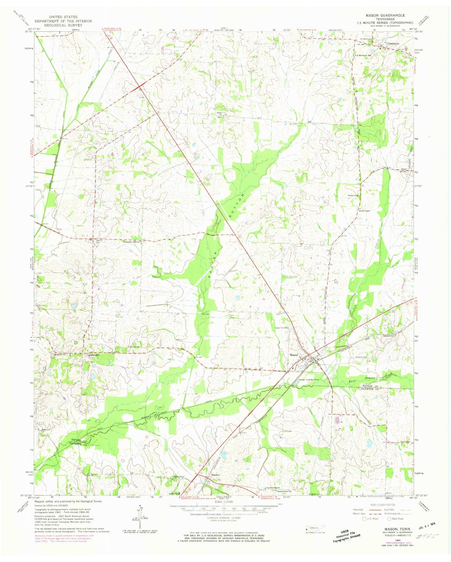 Classic USGS Mason Tennessee 7.5'x7.5' Topo Map Image