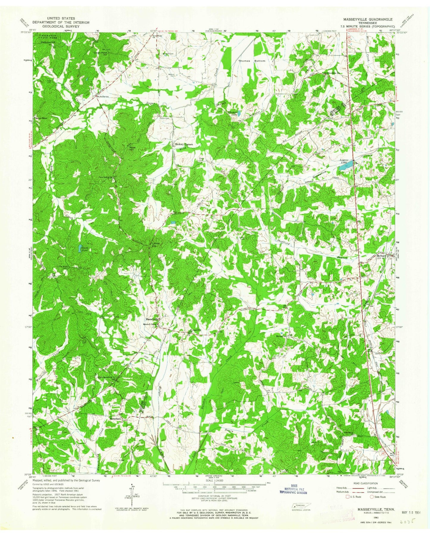 Classic USGS Masseyville Tennessee 7.5'x7.5' Topo Map Image
