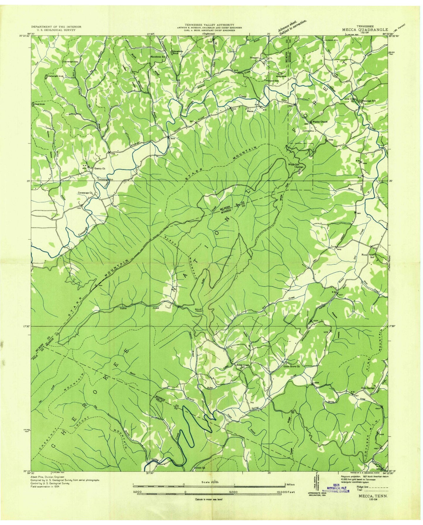 Classic USGS Mecca Tennessee 7.5'x7.5' Topo Map Image