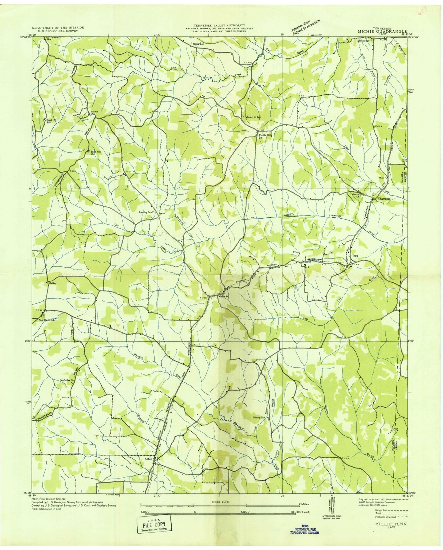 Classic USGS Michie Tennessee 7.5'x7.5' Topo Map Image