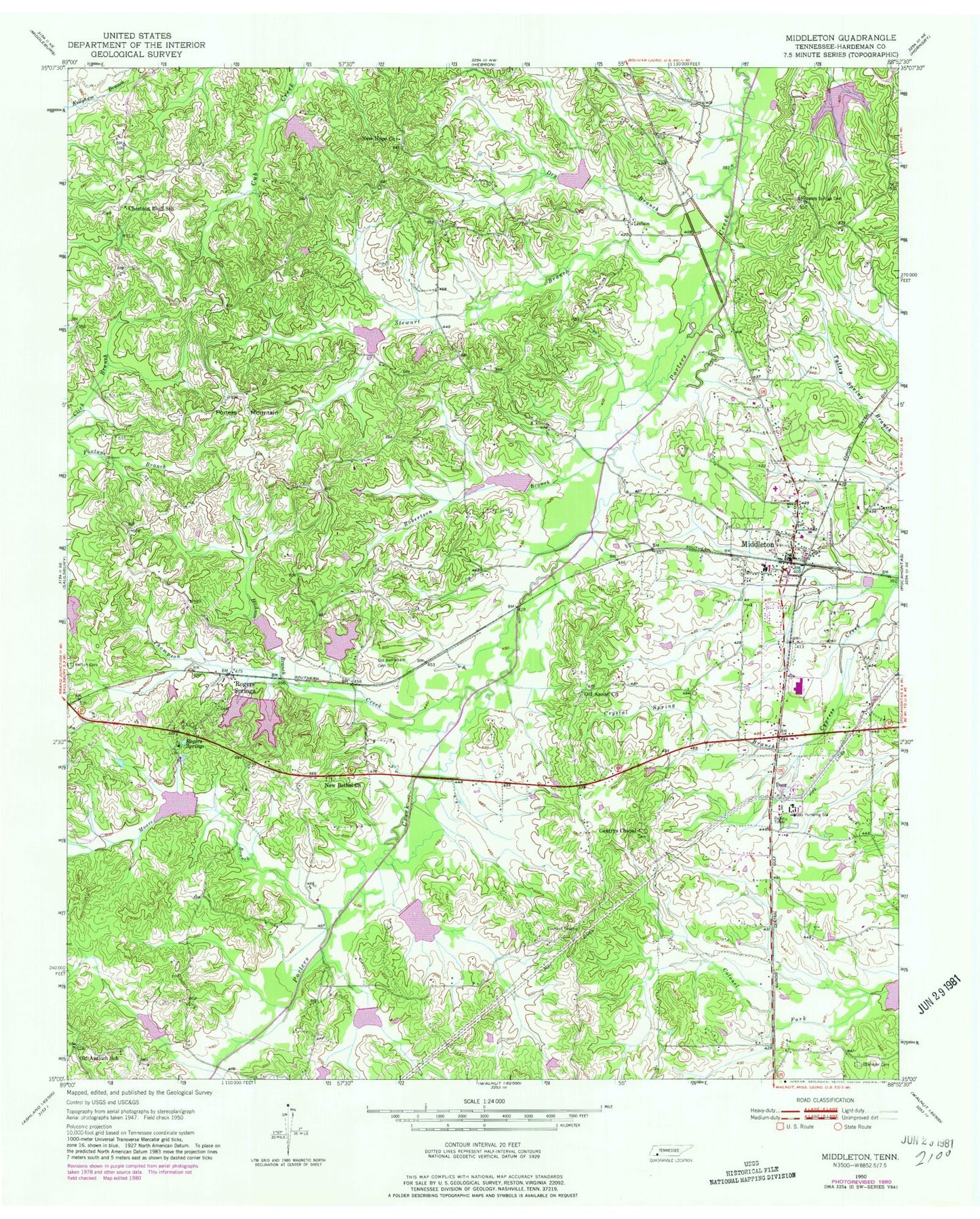 Classic USGS Middleton Tennessee 7.5'x7.5' Topo Map Image