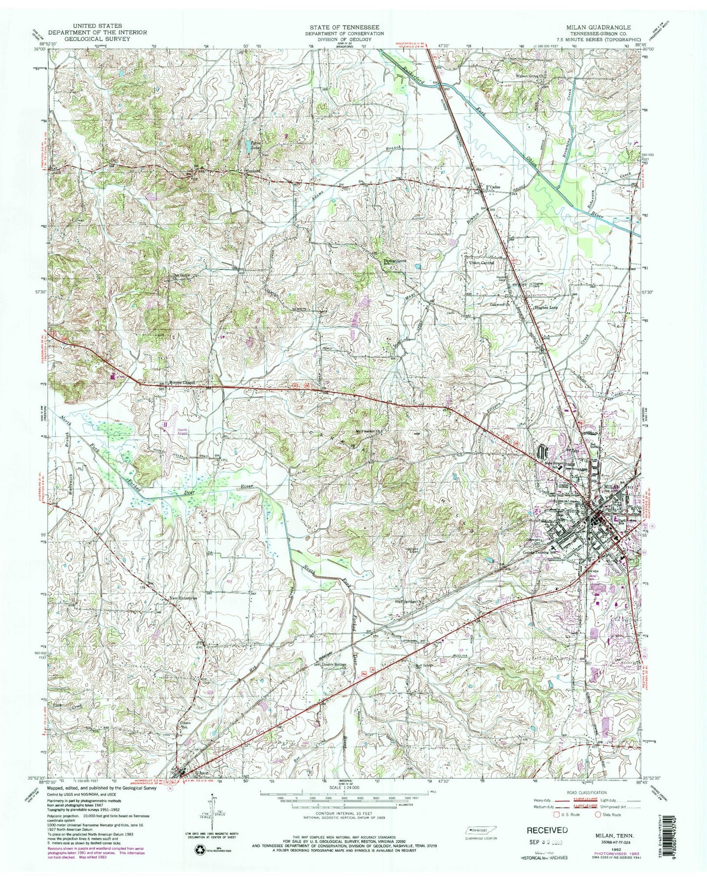 Classic USGS Milan Tennessee 7.5'x7.5' Topo Map Image