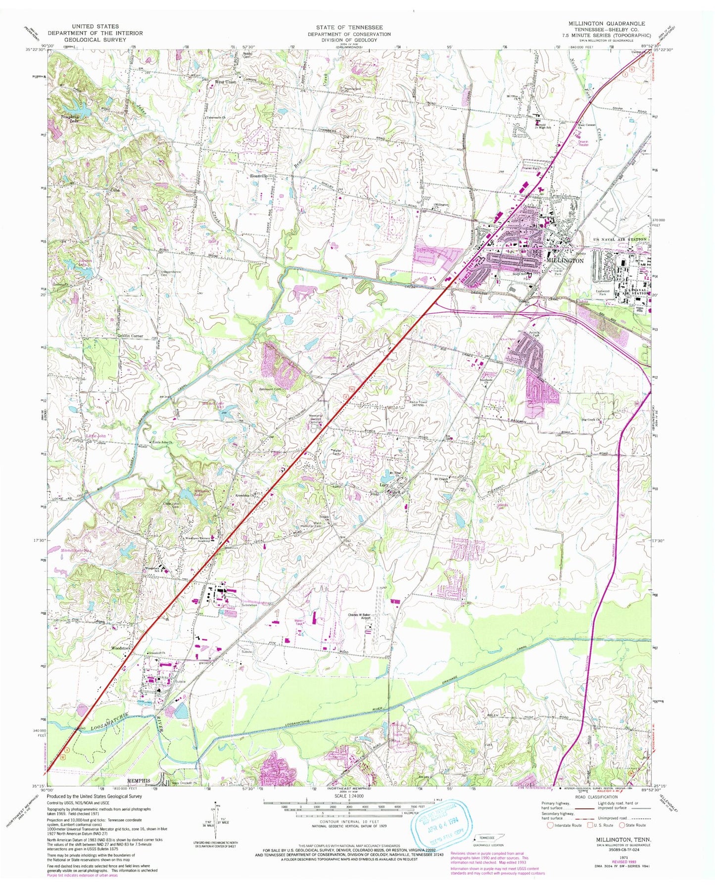 Classic USGS Millington Tennessee 7.5'x7.5' Topo Map Image