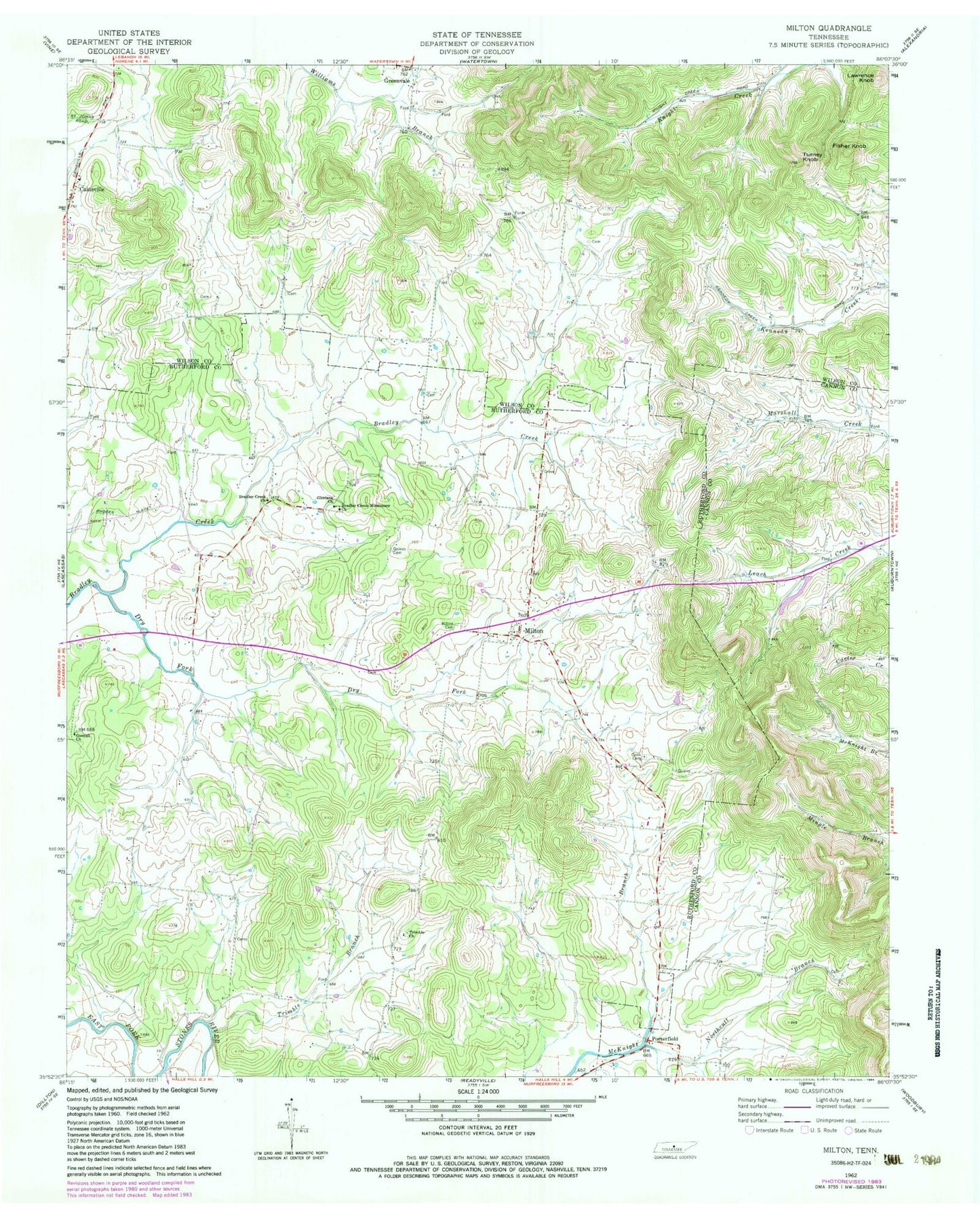 Classic USGS Milton Tennessee 7.5'x7.5' Topo Map Image