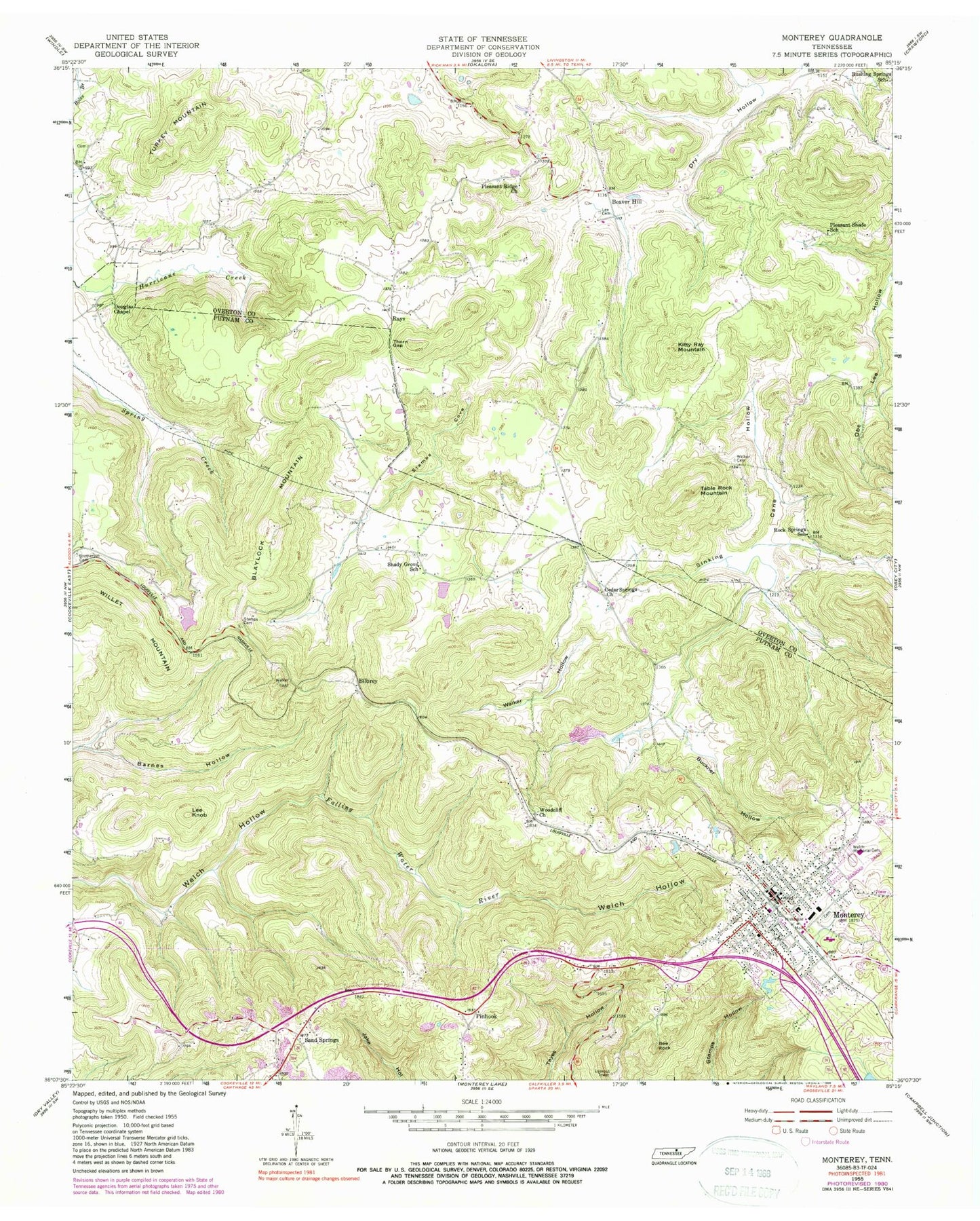 Classic USGS Monterey Tennessee 7.5'x7.5' Topo Map Image