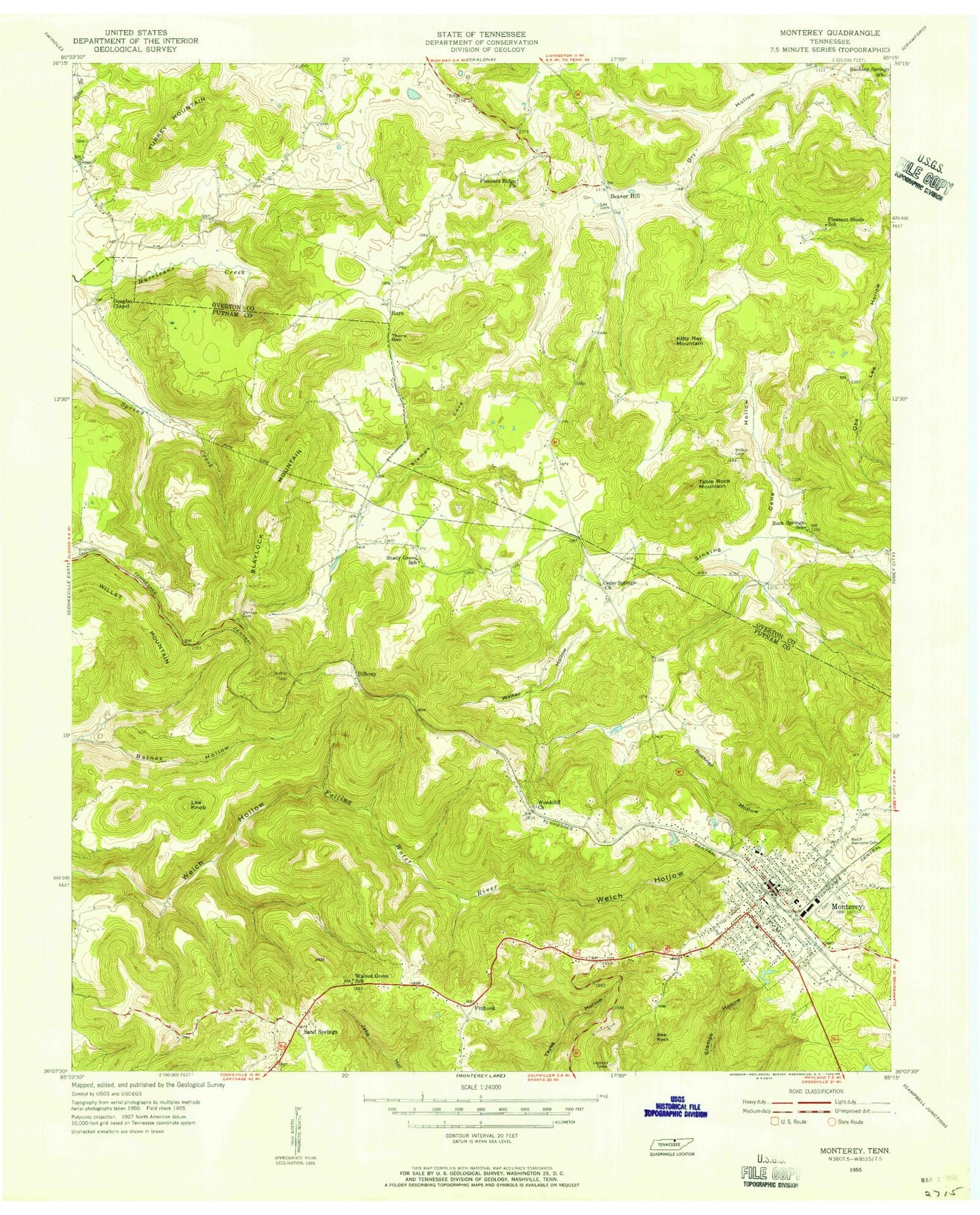 Classic USGS Monterey Lake Tennessee 7.5'x7.5' Topo Map Image