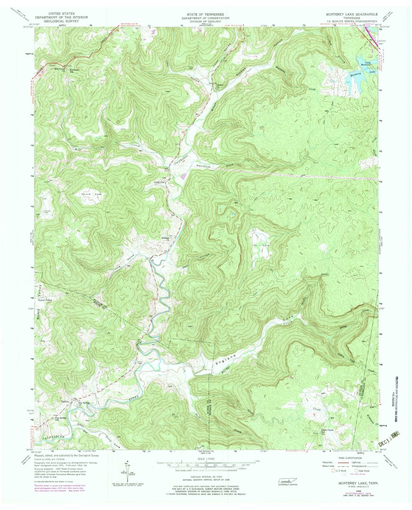 Classic USGS Monterey Lake Tennessee 7.5'x7.5' Topo Map Image