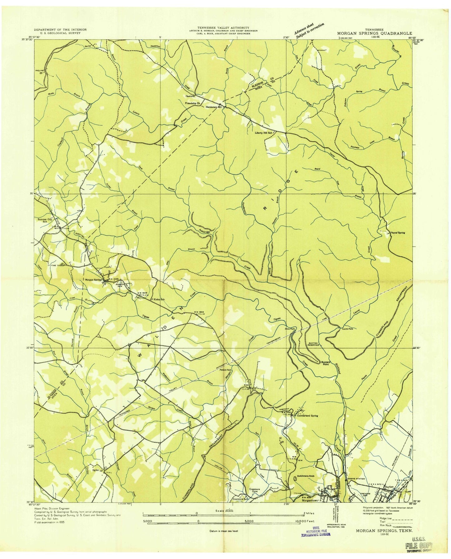 Classic USGS Morgan Springs Tennessee 7.5'x7.5' Topo Map Image
