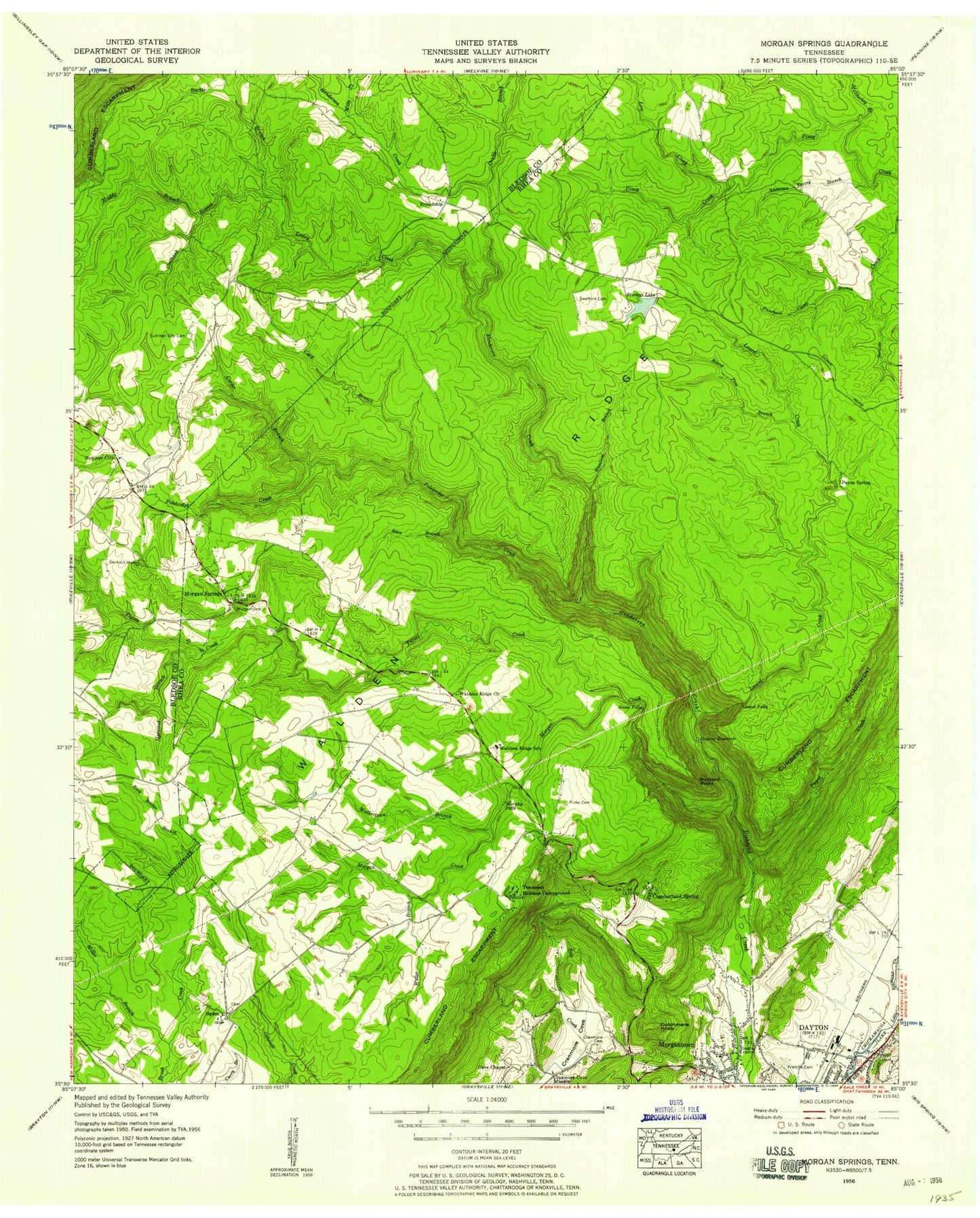Classic USGS Morgan Springs Tennessee 7.5'x7.5' Topo Map Image