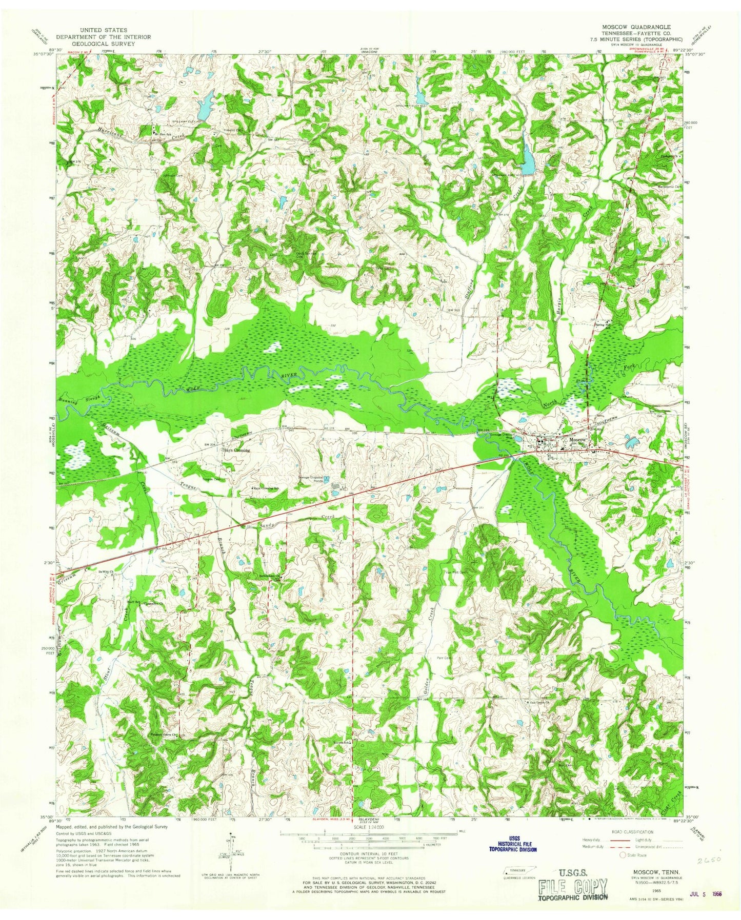 Classic USGS Moscow Tennessee 7.5'x7.5' Topo Map Image
