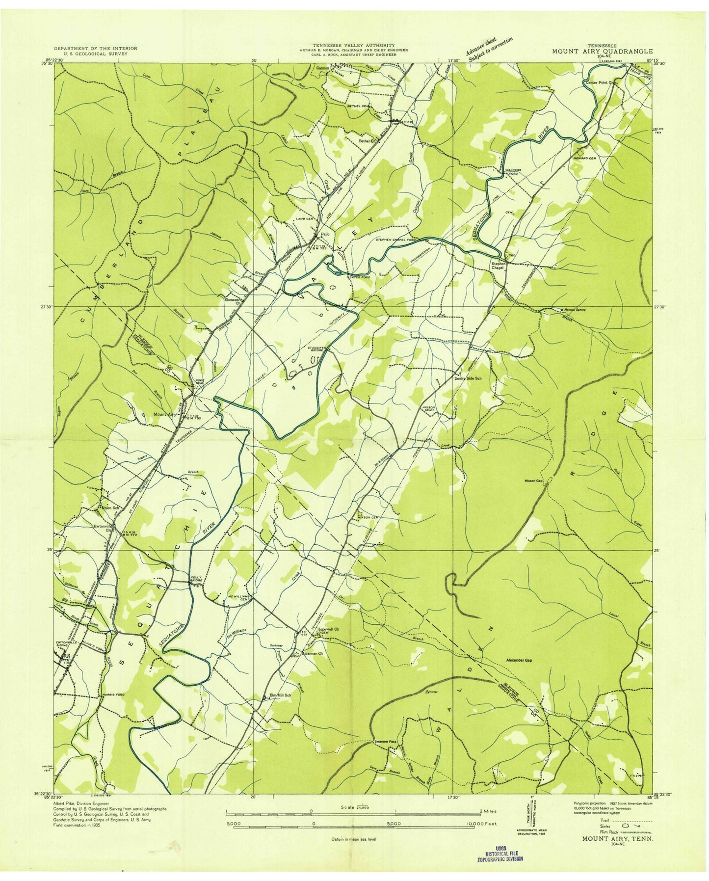 Classic USGS Mount Airy Tennessee 7.5'x7.5' Topo Map Image