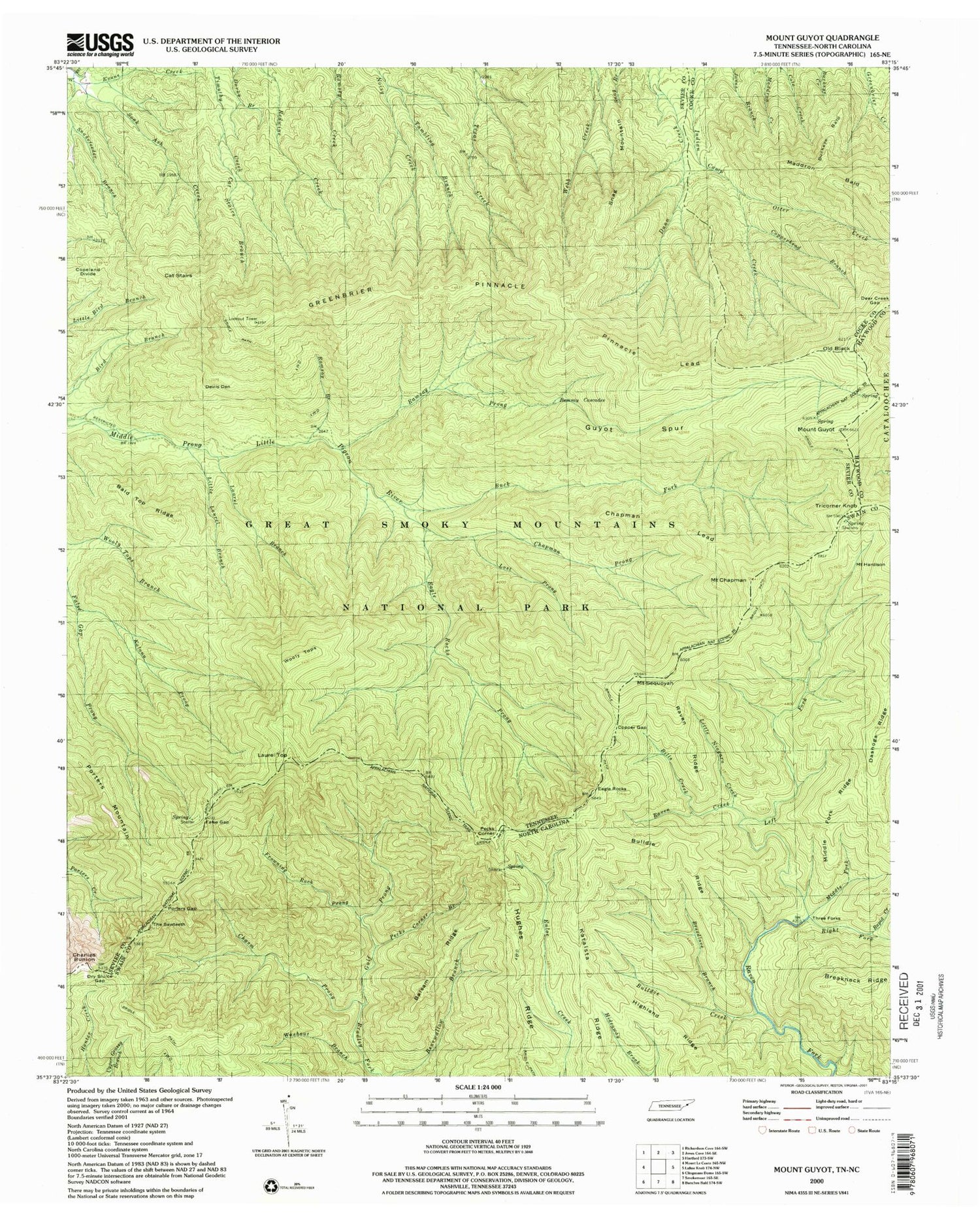 Classic USGS Mount Guyot Tennessee 7.5'x7.5' Topo Map Image