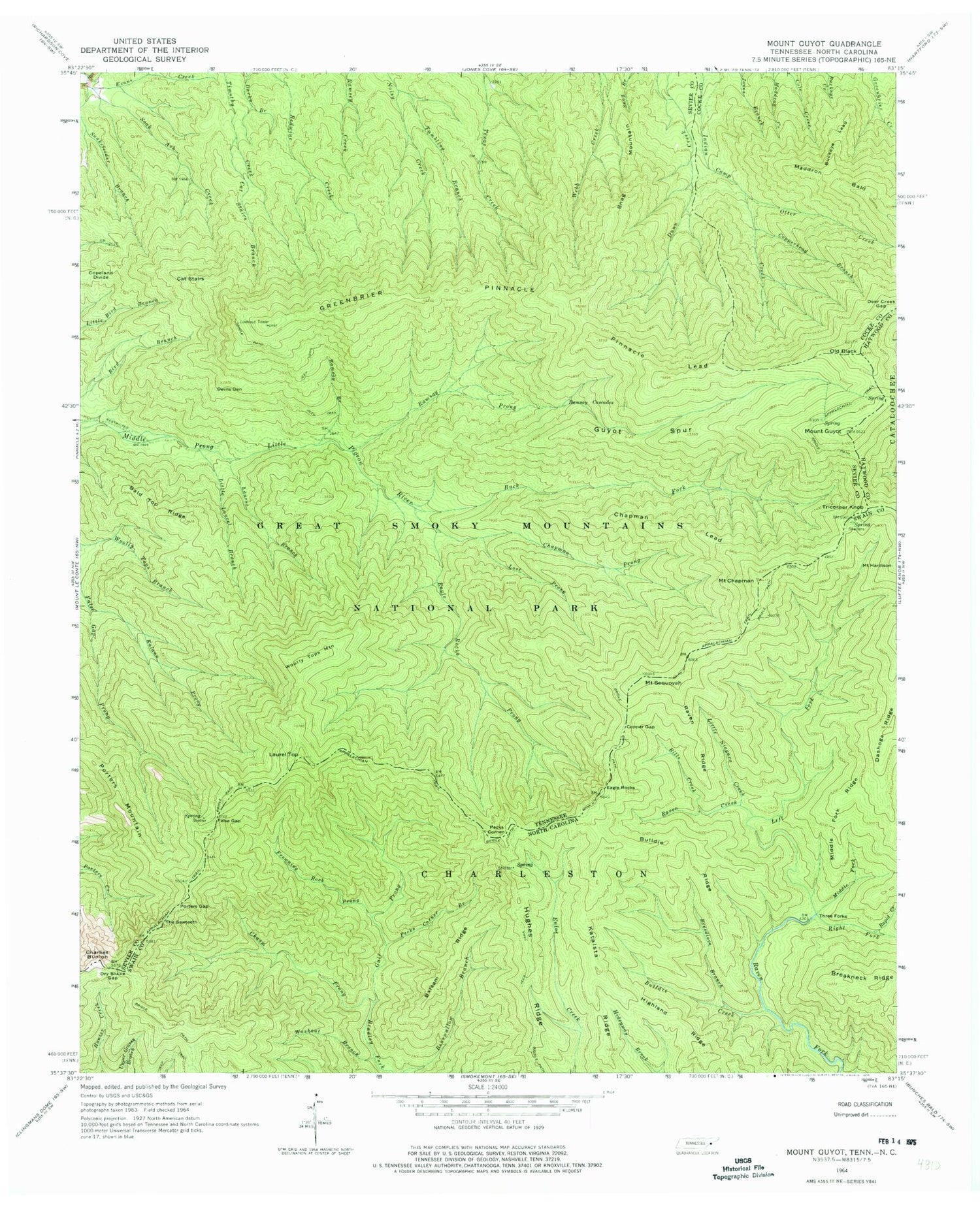 Classic USGS Mount Guyot Tennessee 7.5'x7.5' Topo Map Image