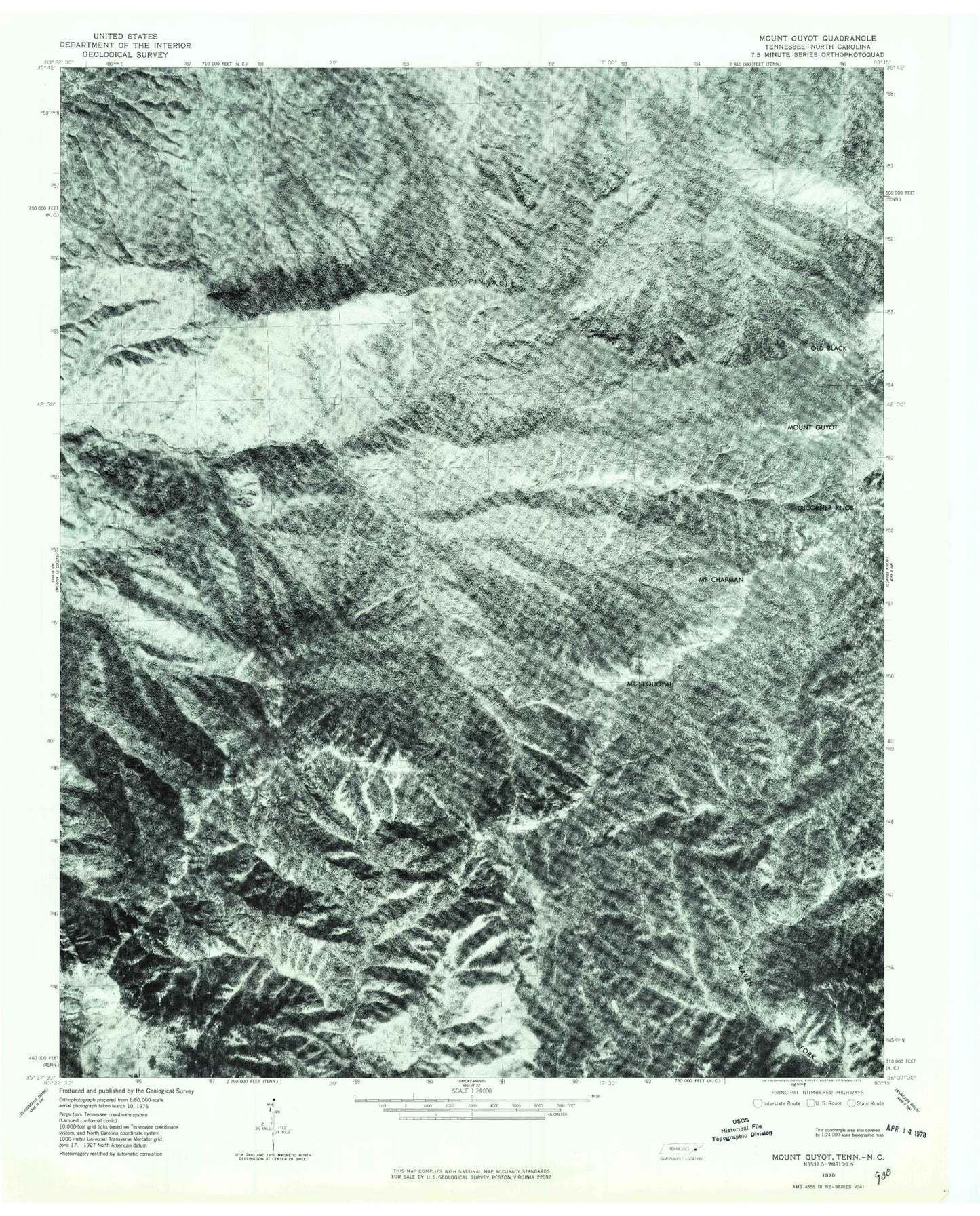 Classic USGS Mount Guyot Tennessee 7.5'x7.5' Topo Map Image