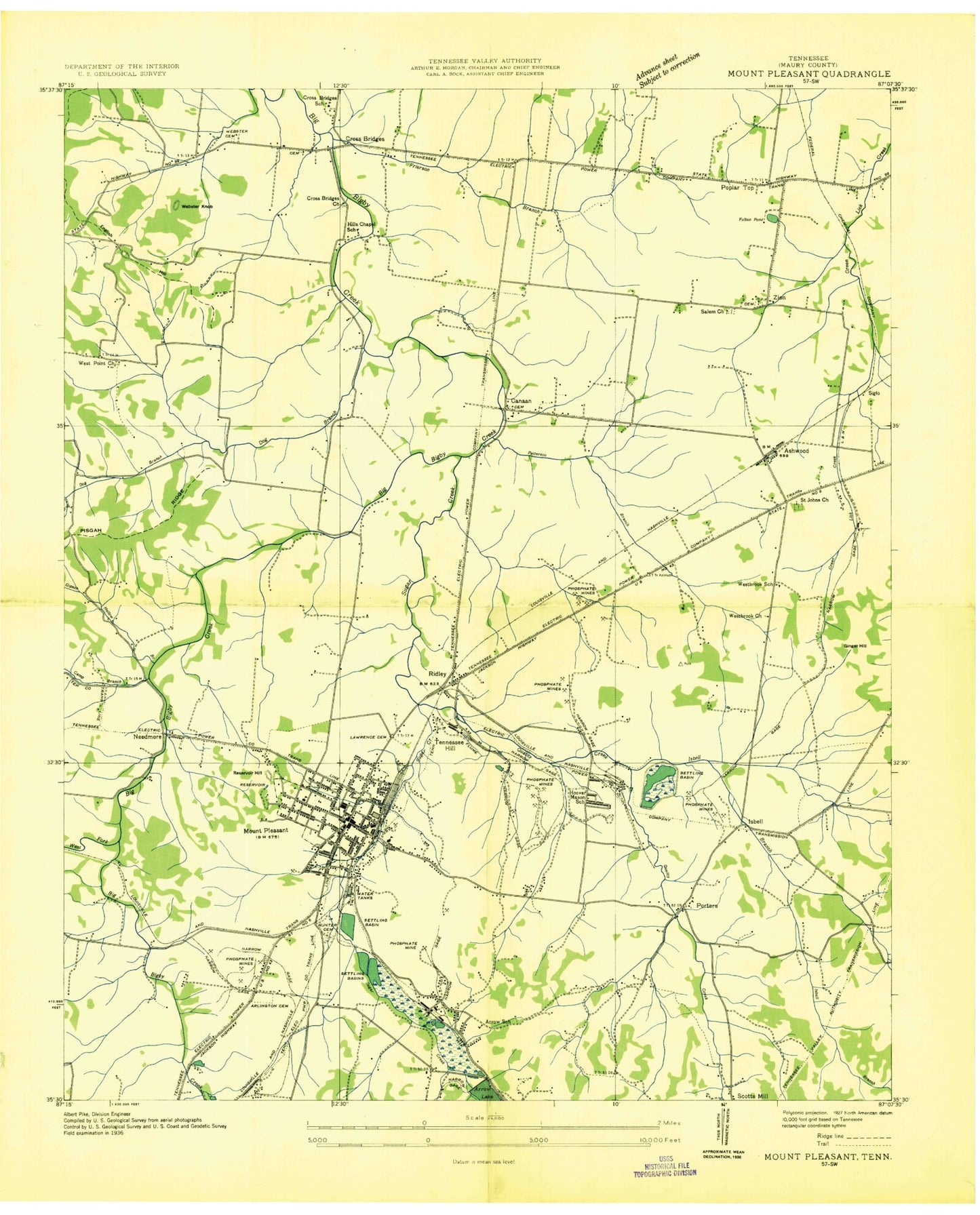 Classic USGS Mount Pleasant Tennessee 7.5'x7.5' Topo Map Image