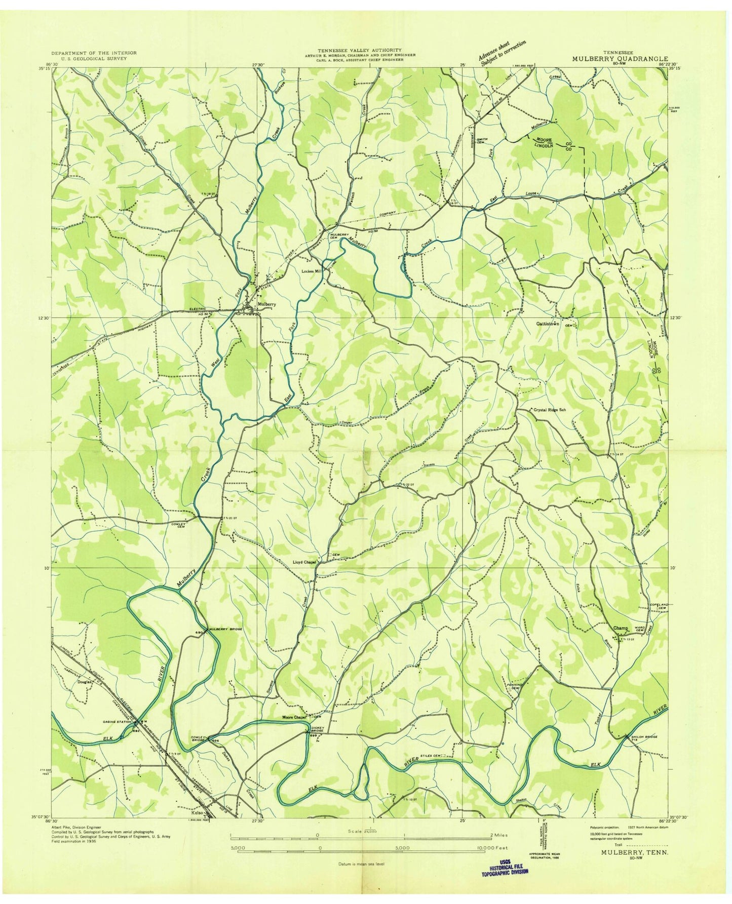 Classic USGS Mulberry Tennessee 7.5'x7.5' Topo Map Image