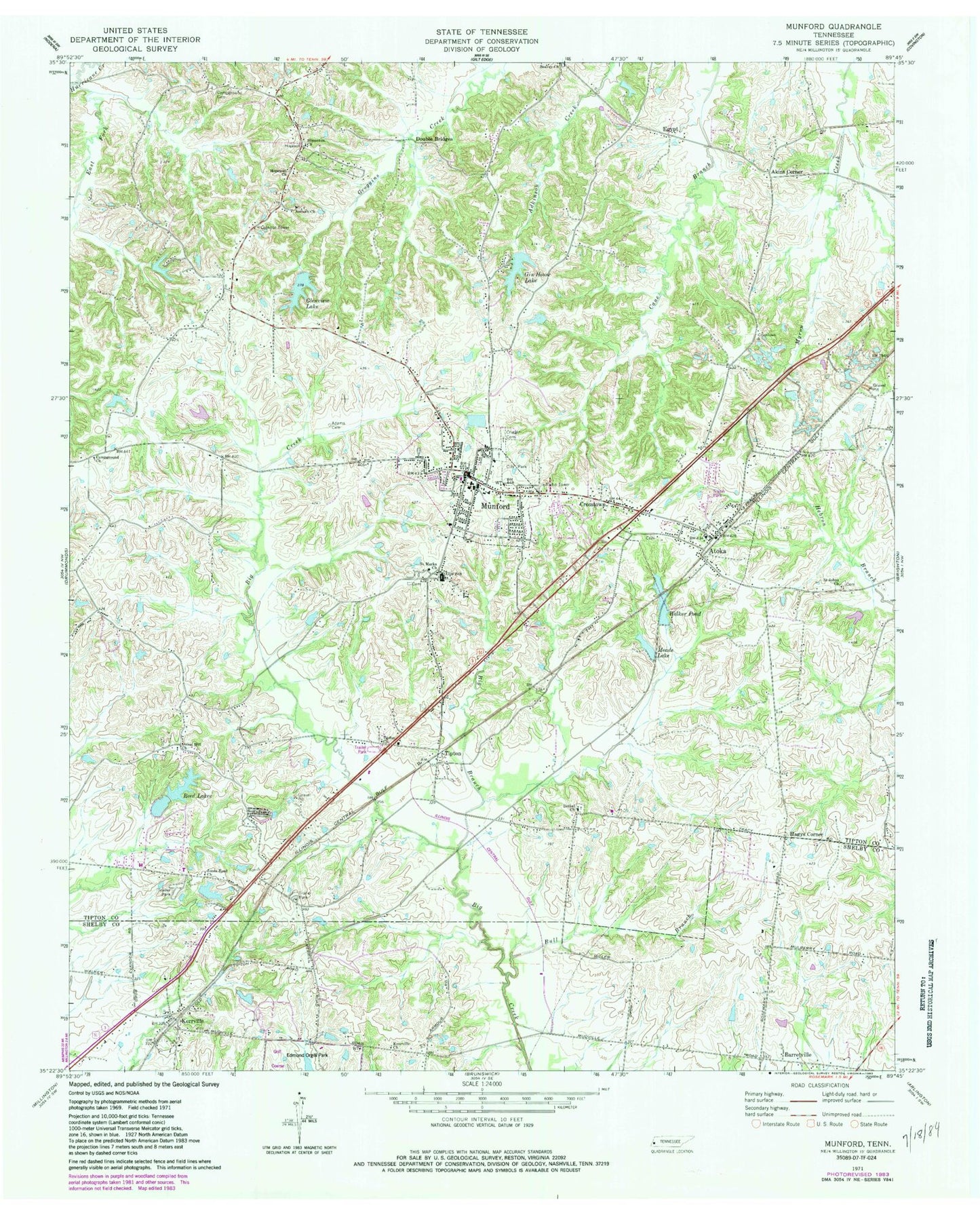 Classic USGS Munford Tennessee 7.5'x7.5' Topo Map Image