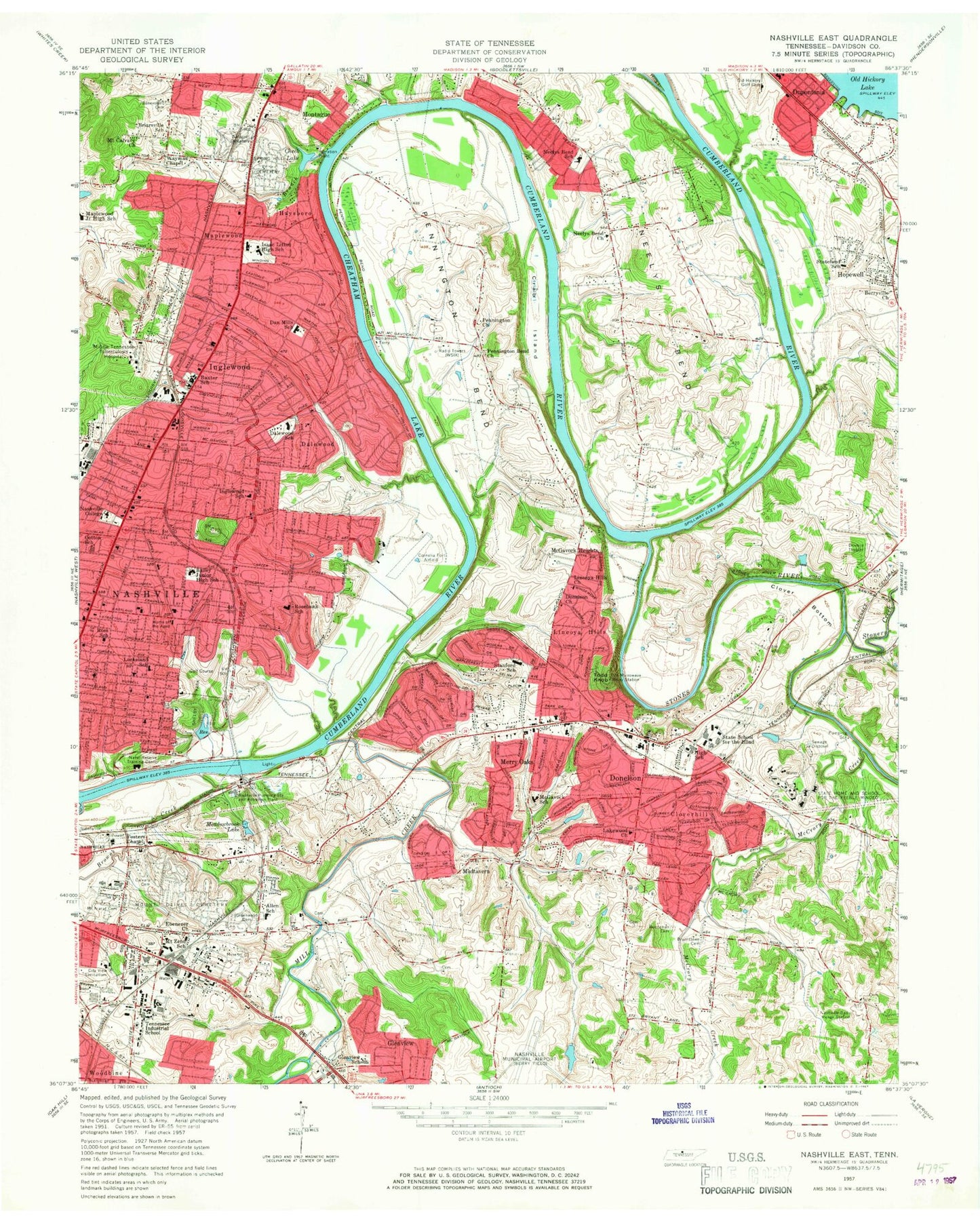 Classic USGS Nashville East Tennessee 7.5'x7.5' Topo Map Image