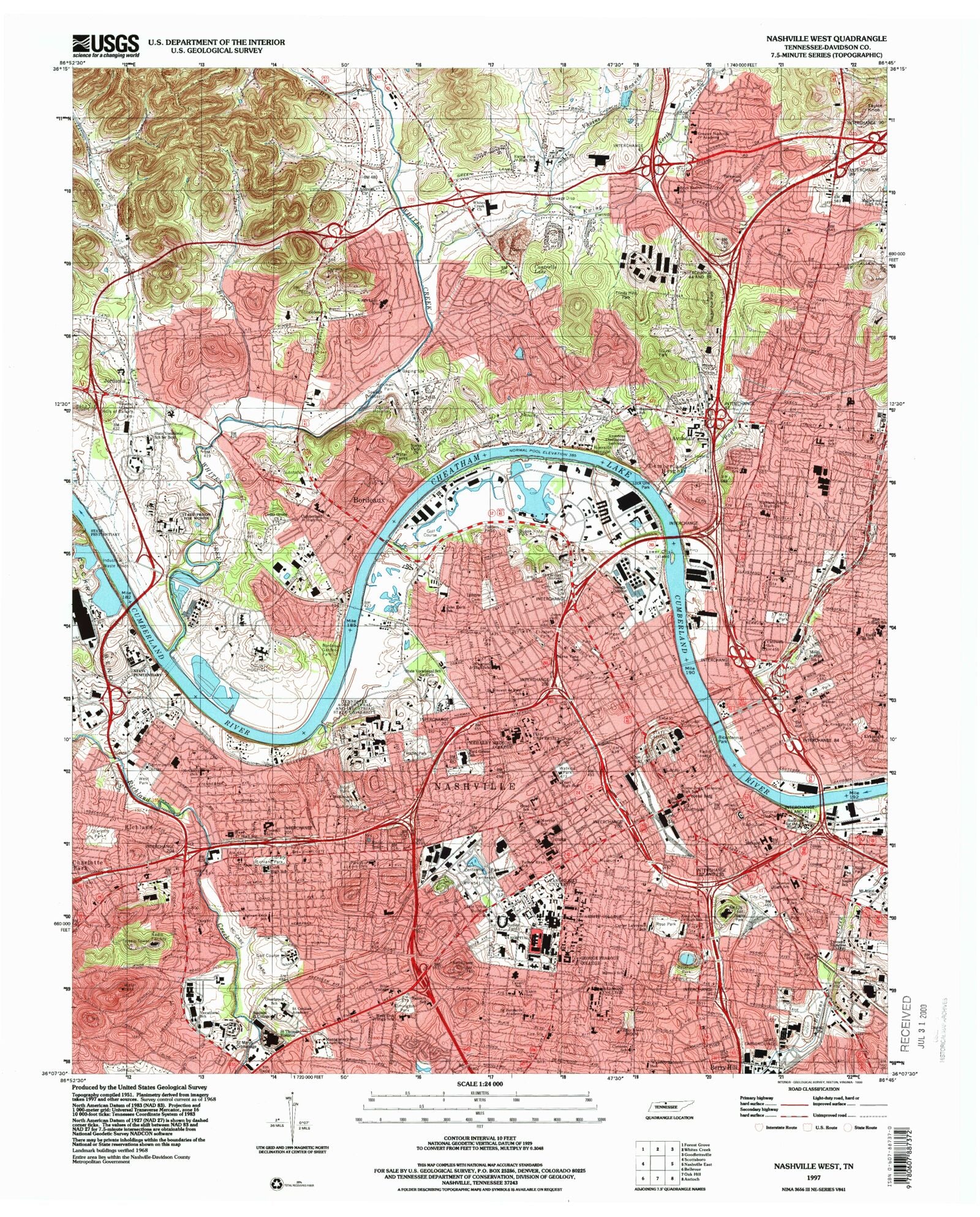 Classic USGS Nashville West Tennessee 7.5'x7.5' Topo Map, image size:1600x1986