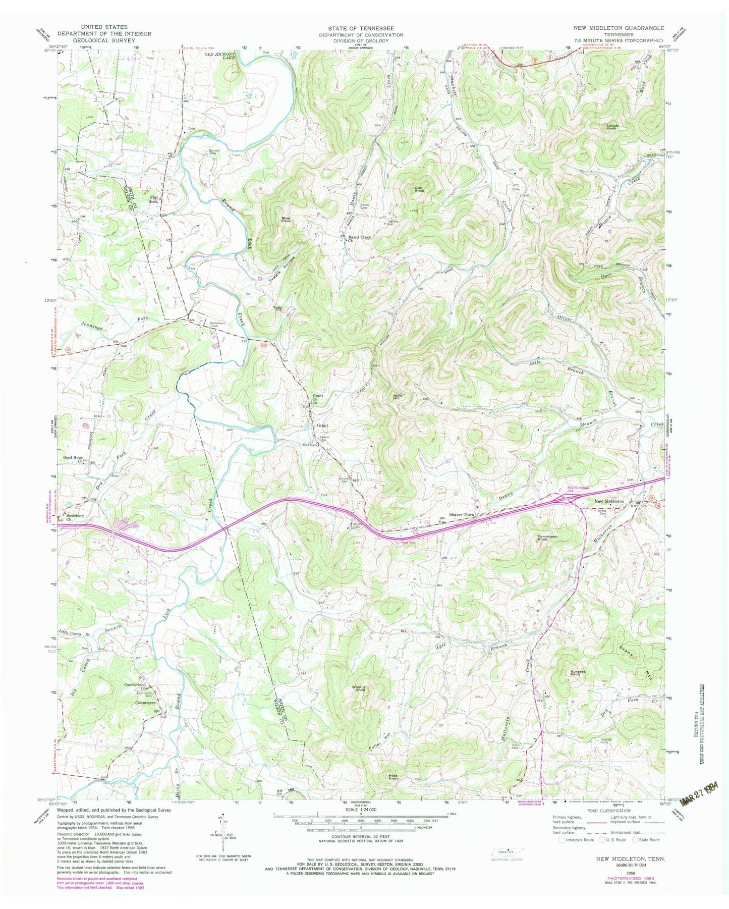 Classic USGS New Middleton Tennessee 7.5'x7.5' Topo Map Image