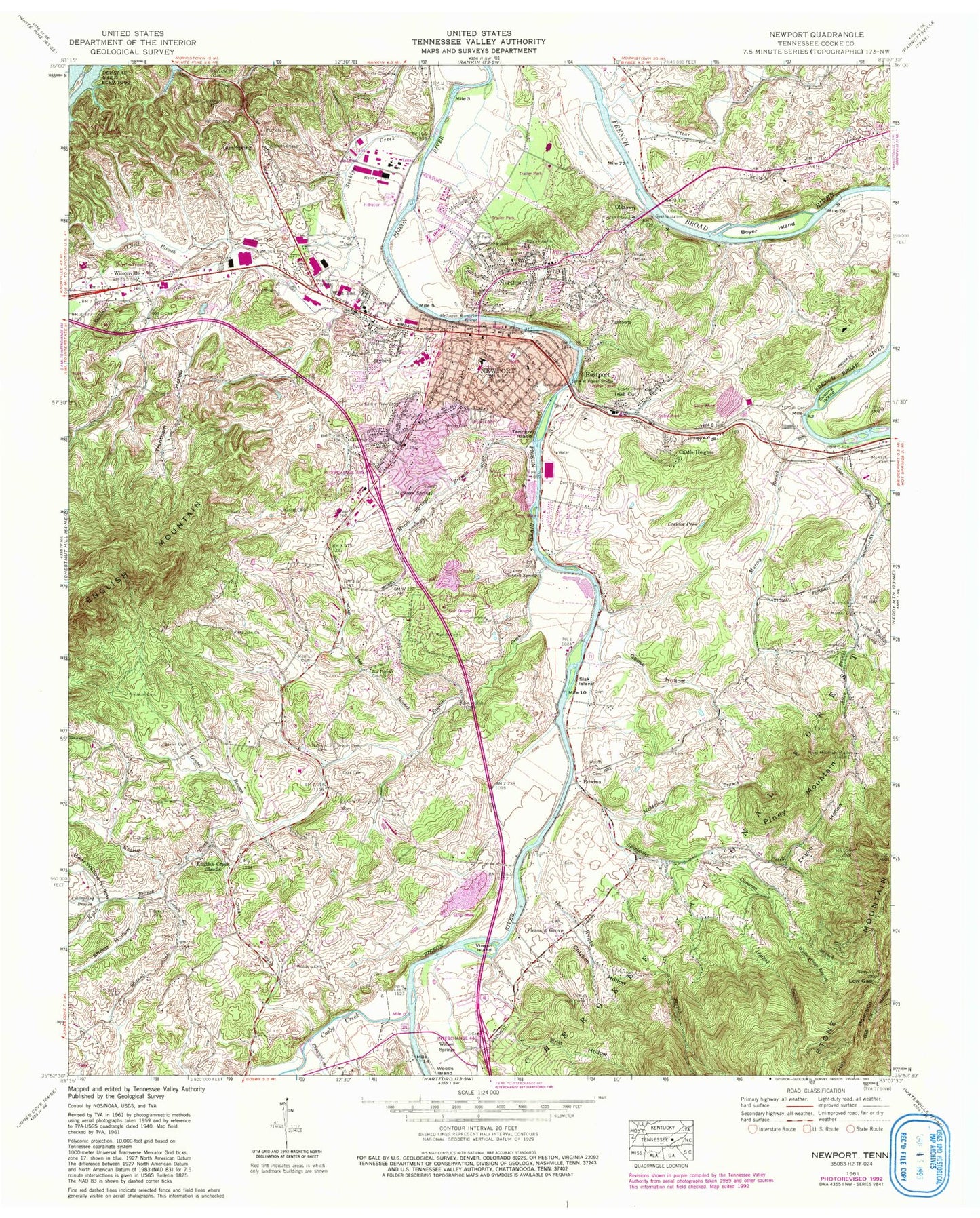 Classic USGS Newport Tennessee 7.5'x7.5' Topo Map Image