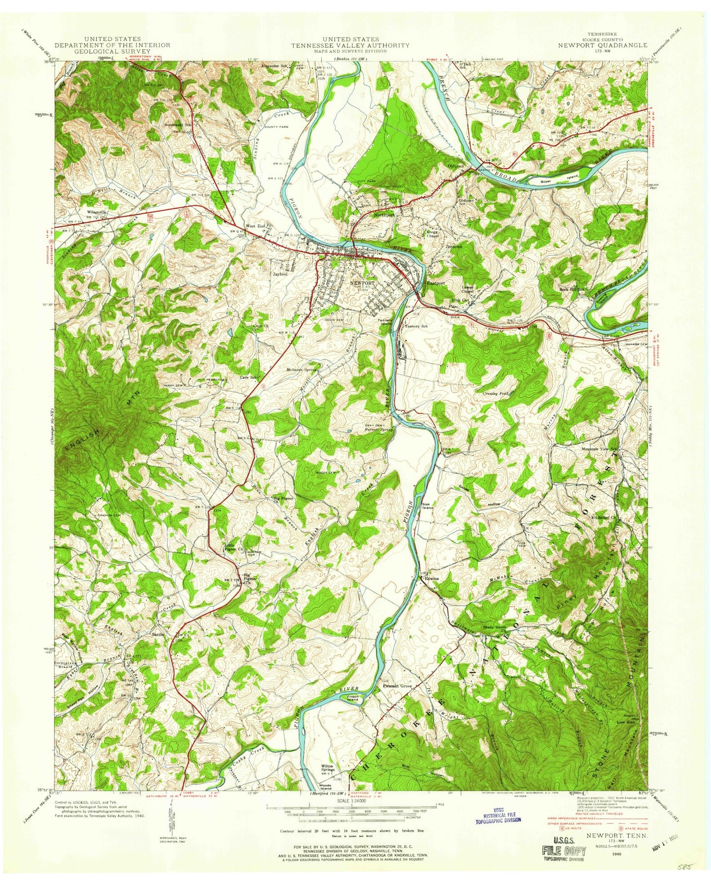Classic USGS Newport Tennessee 7.5'x7.5' Topo Map Image