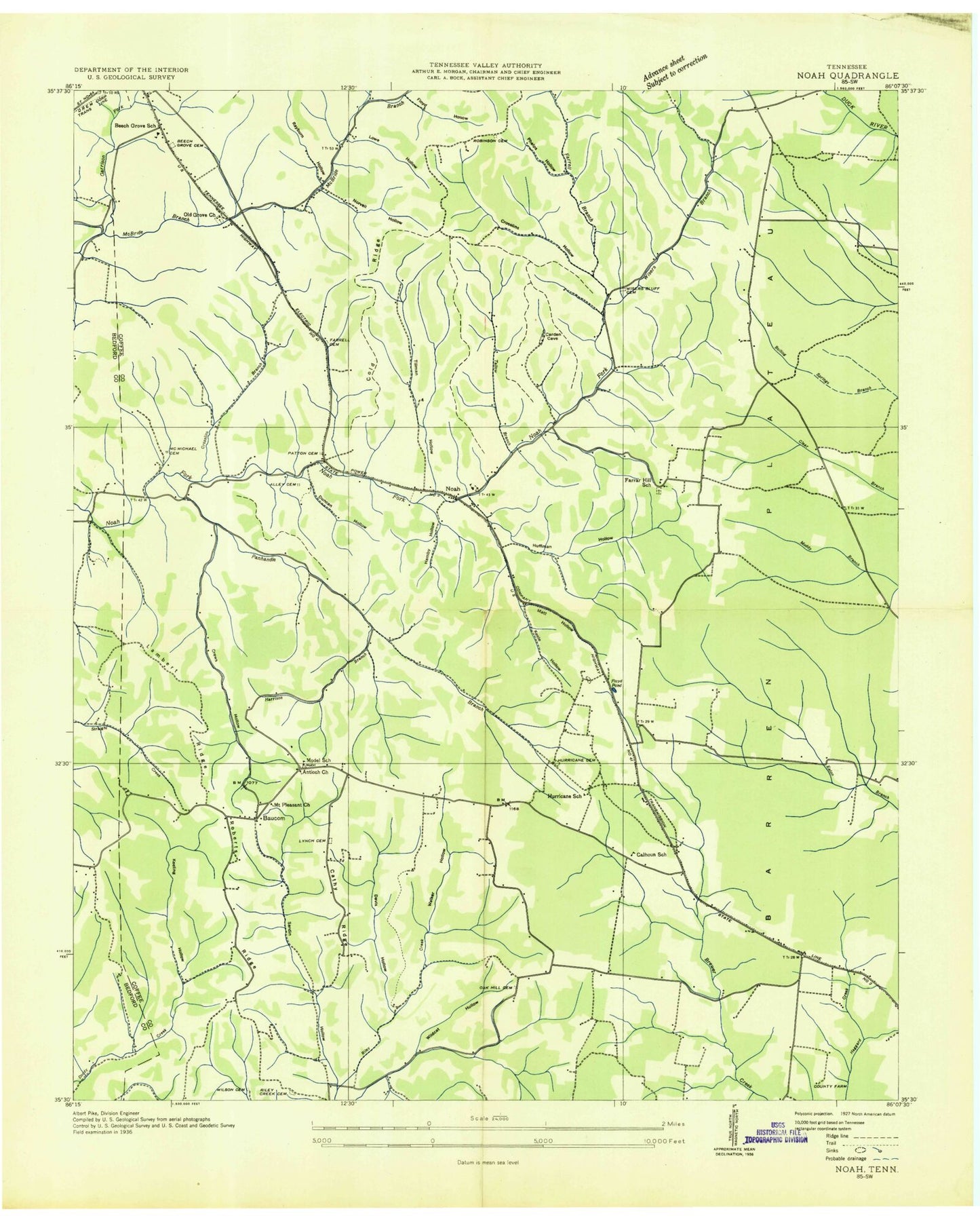 Classic USGS Noah Tennessee 7.5'x7.5' Topo Map Image