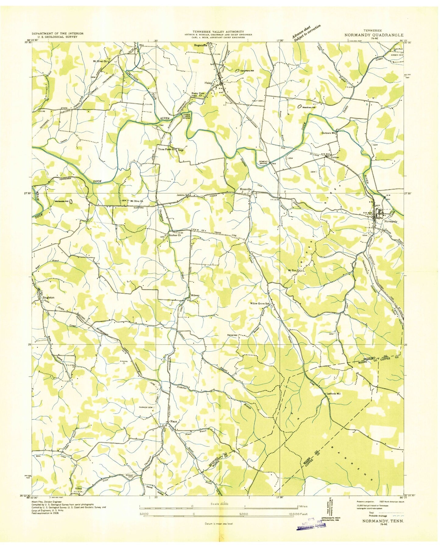 Classic USGS Normandy Tennessee 7.5'x7.5' Topo Map Image