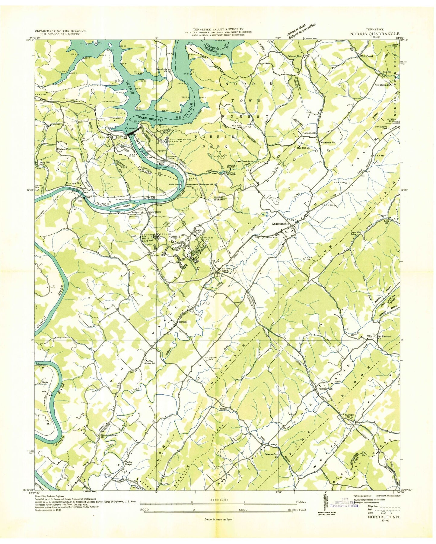 Classic USGS Norris Tennessee 7.5'x7.5' Topo Map Image
