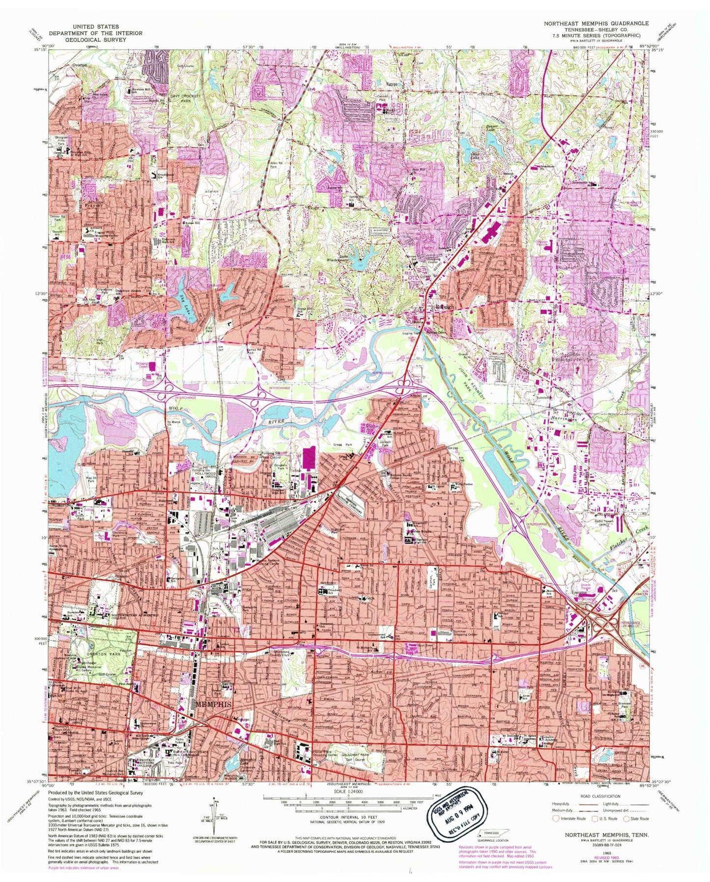 Classic USGS Northeast Memphis Tennessee 7.5'x7.5' Topo Map Image