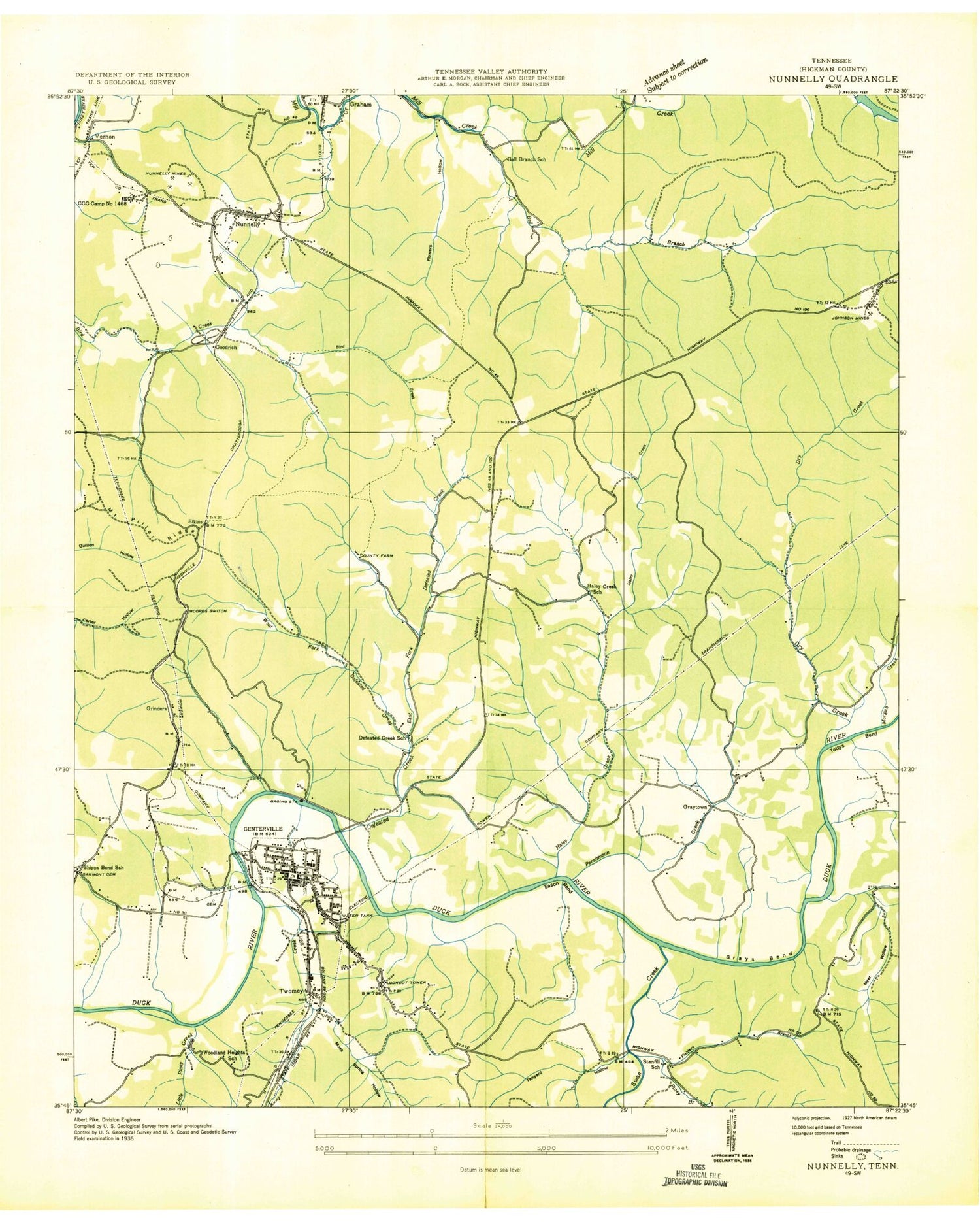 Classic USGS Centerville Tennessee 7.5'x7.5' Topo Map Image