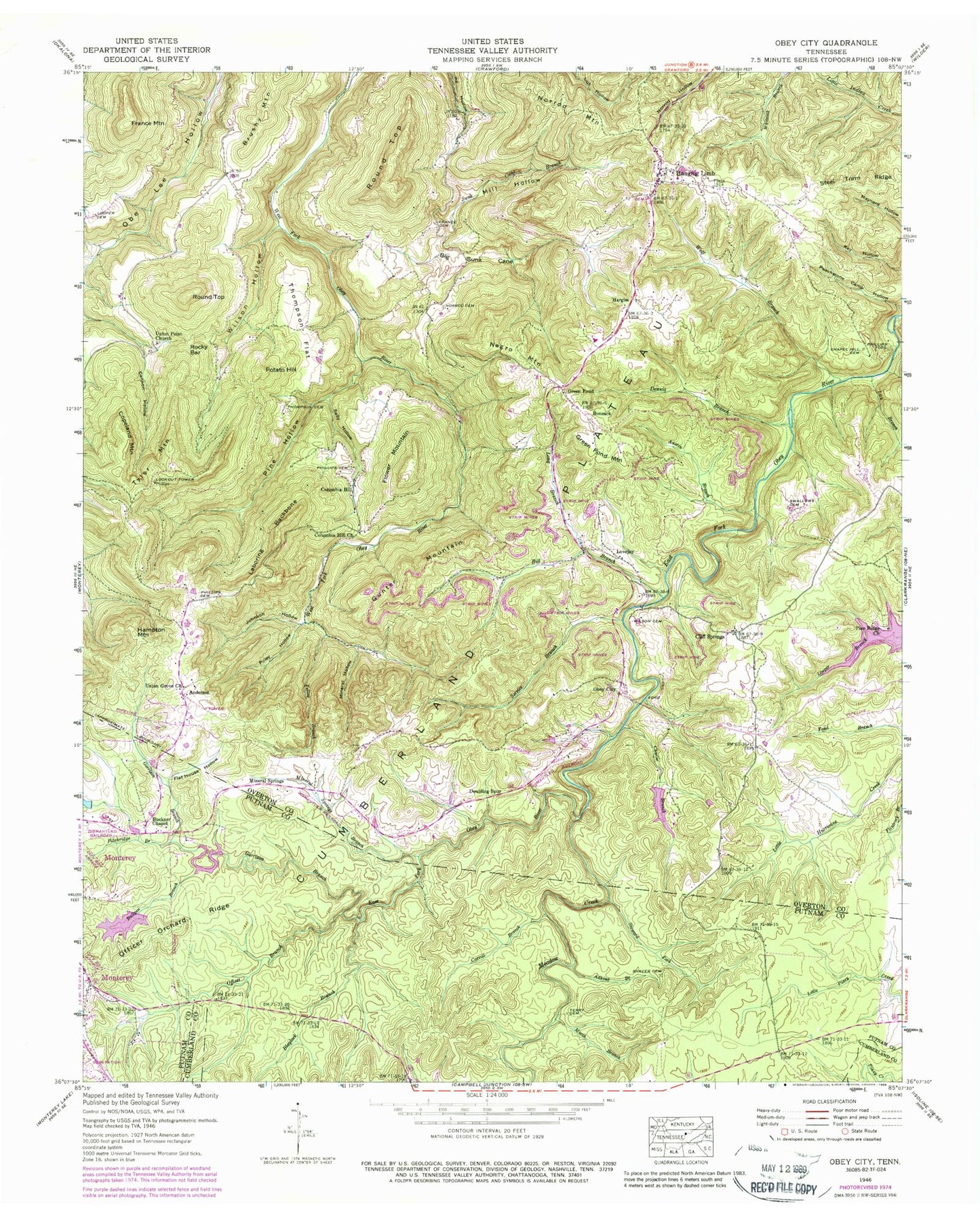 Classic USGS Obey City Tennessee 7.5'x7.5' Topo Map Image