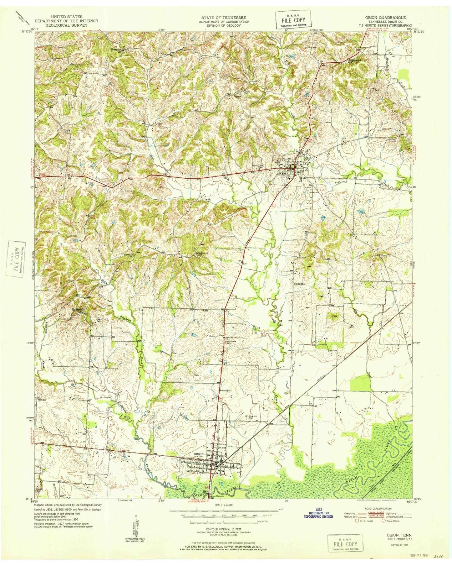 Classic USGS Obion Tennessee 7.5'x7.5' Topo Map Image
