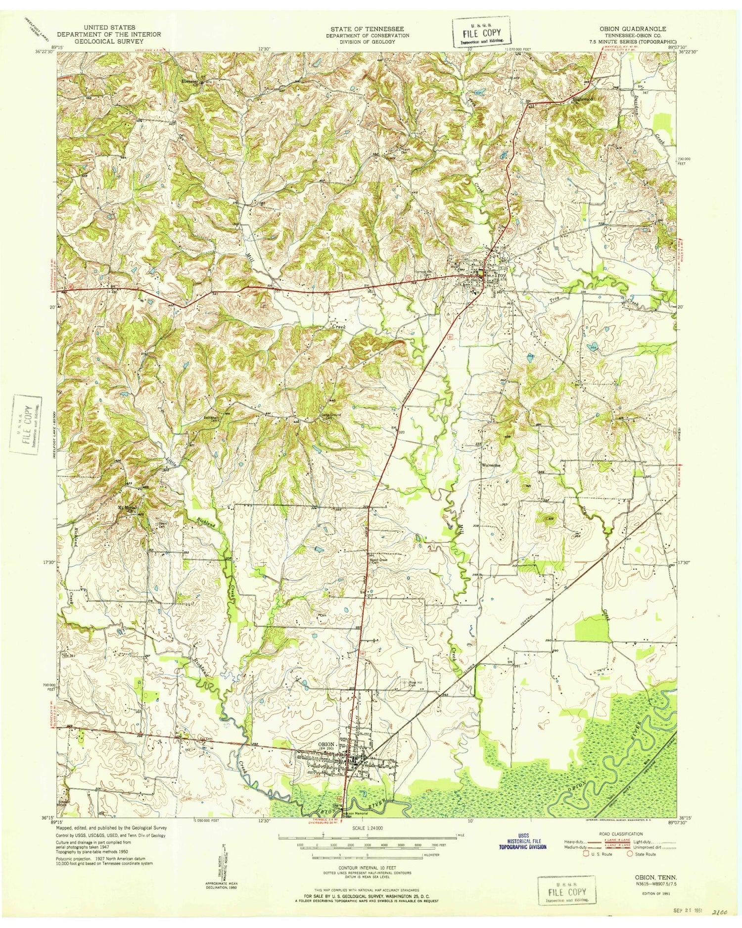 Classic USGS Obion Tennessee 7.5'x7.5' Topo Map Image