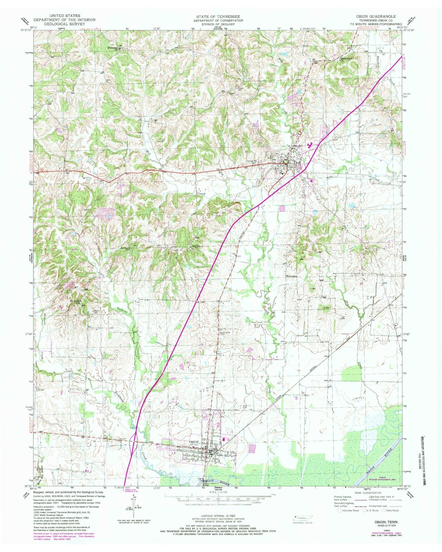 Classic USGS Obion Tennessee 7.5'x7.5' Topo Map Image